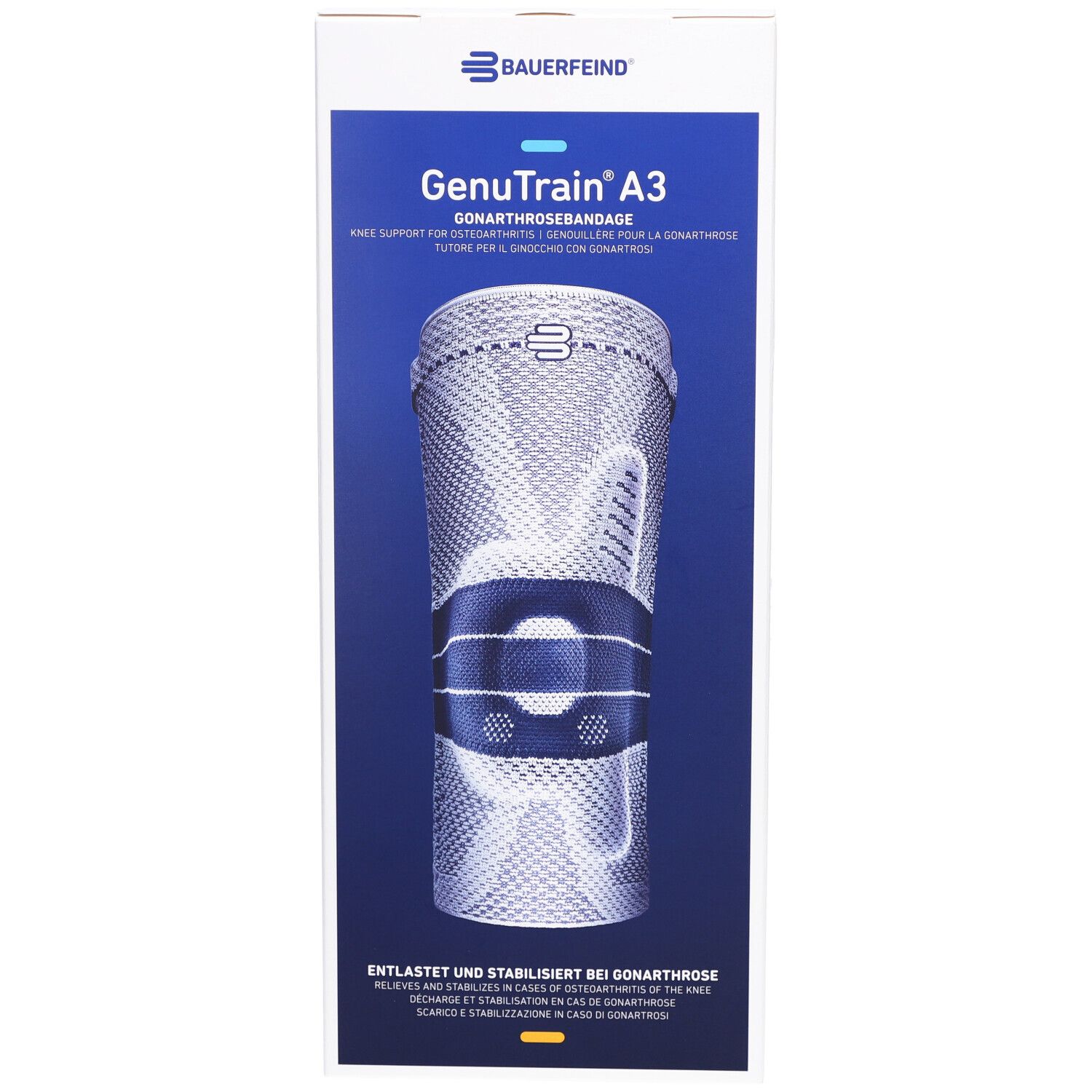 Bande de genou Bauerfeind GenuTrain A3 en emballage. Image du produit. Texte : Soulage et stabilise l'arthrose du genou. Logo et nom du produit.
