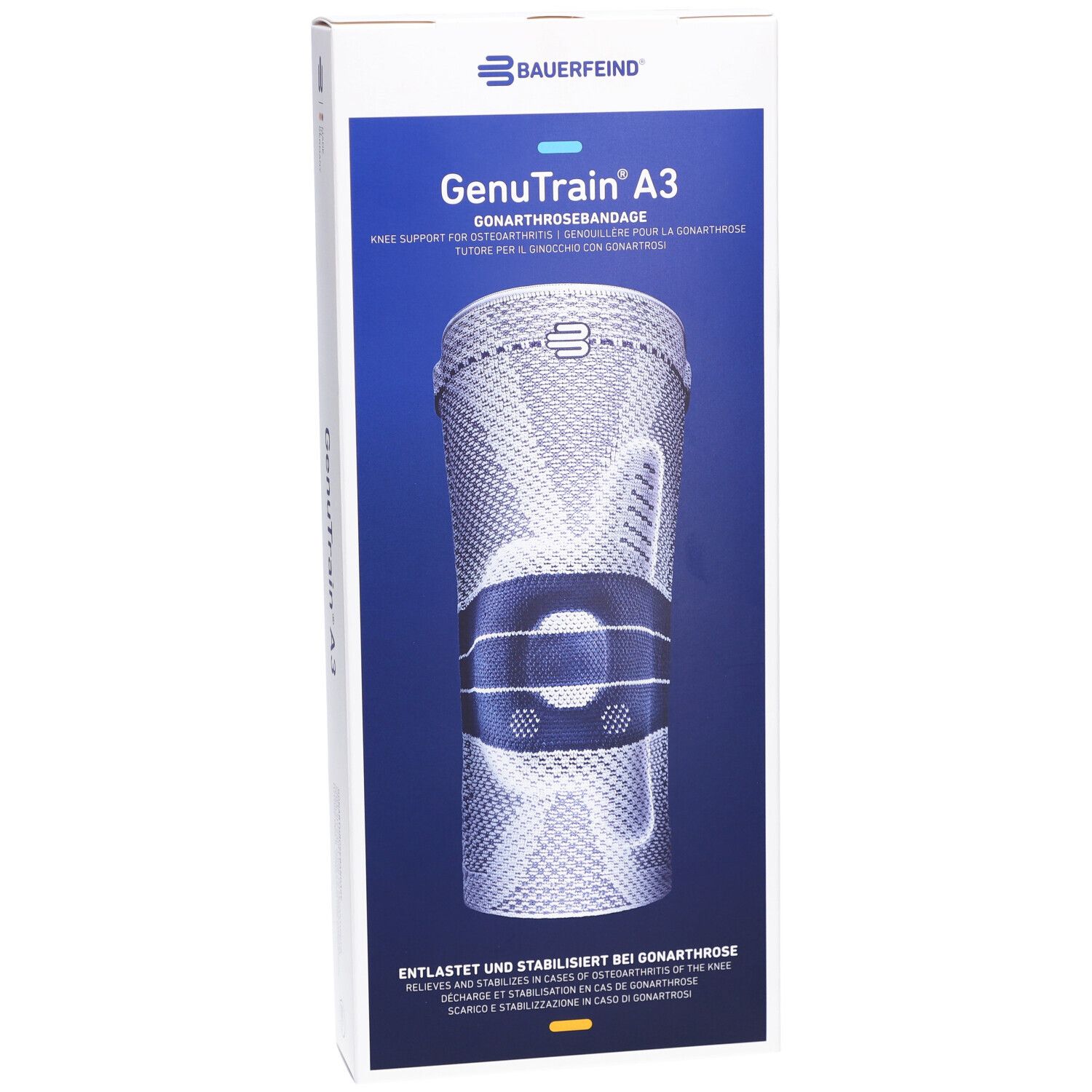 Bande de genou Bauerfeind GenuTrain A3 en emballage. Image du produit. Logo et nom du produit clairement visibles. Couleurs bleu et blanc.
