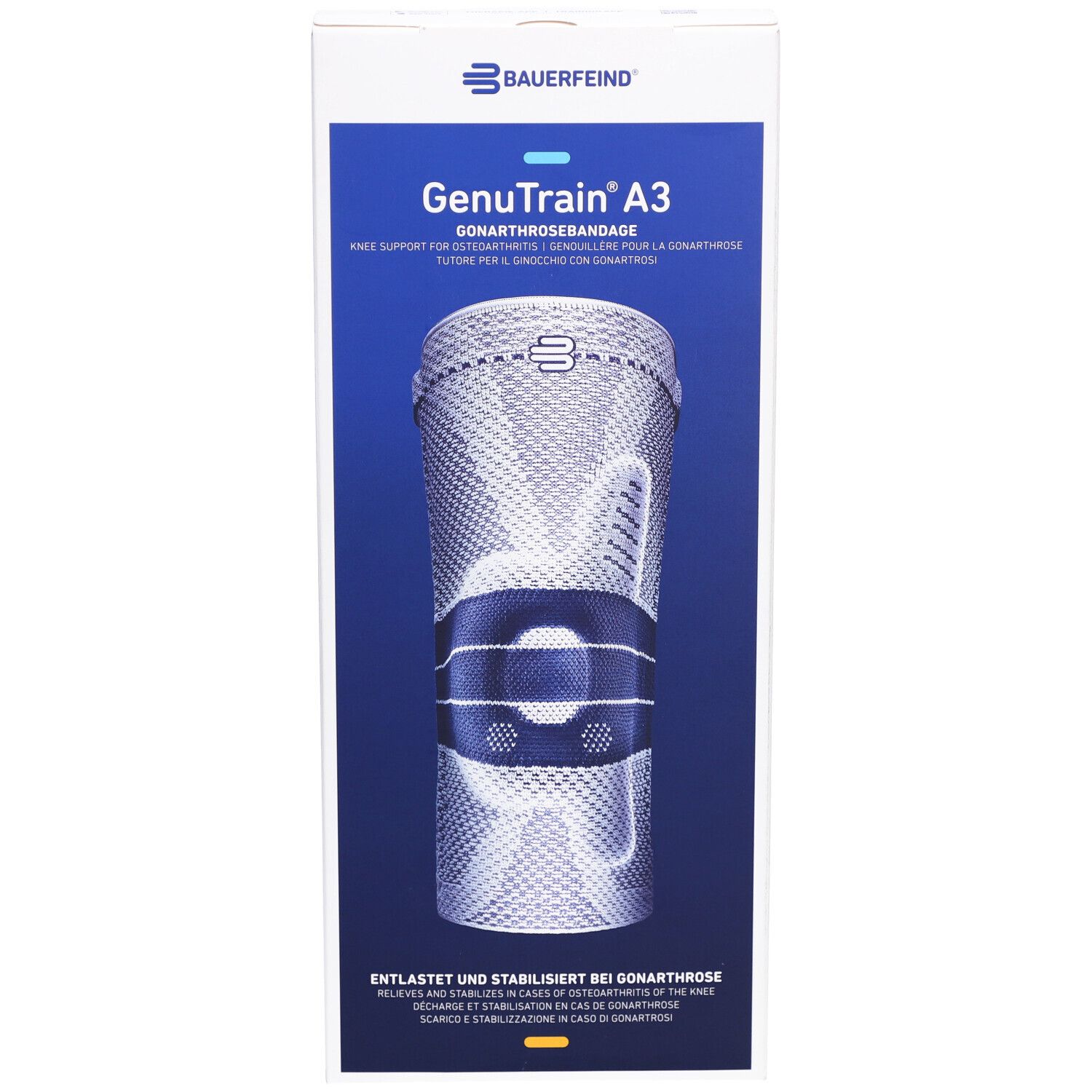 Vue de face de l'emballage de l'orthèse de genou GenuTrain A3. Image du produit et texte. Fond bleu.