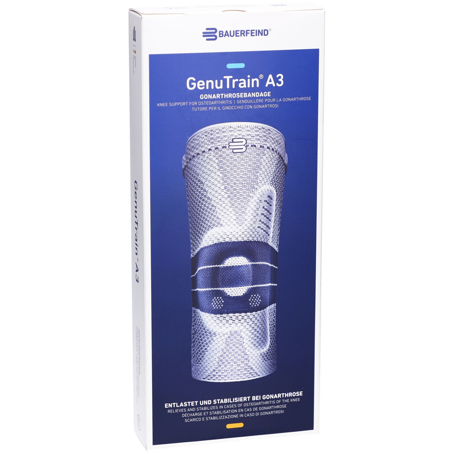 Vue de face de l'emballage de l'orthèse de genou GenuTrain A3. Image du produit et texte. Fond bleu.