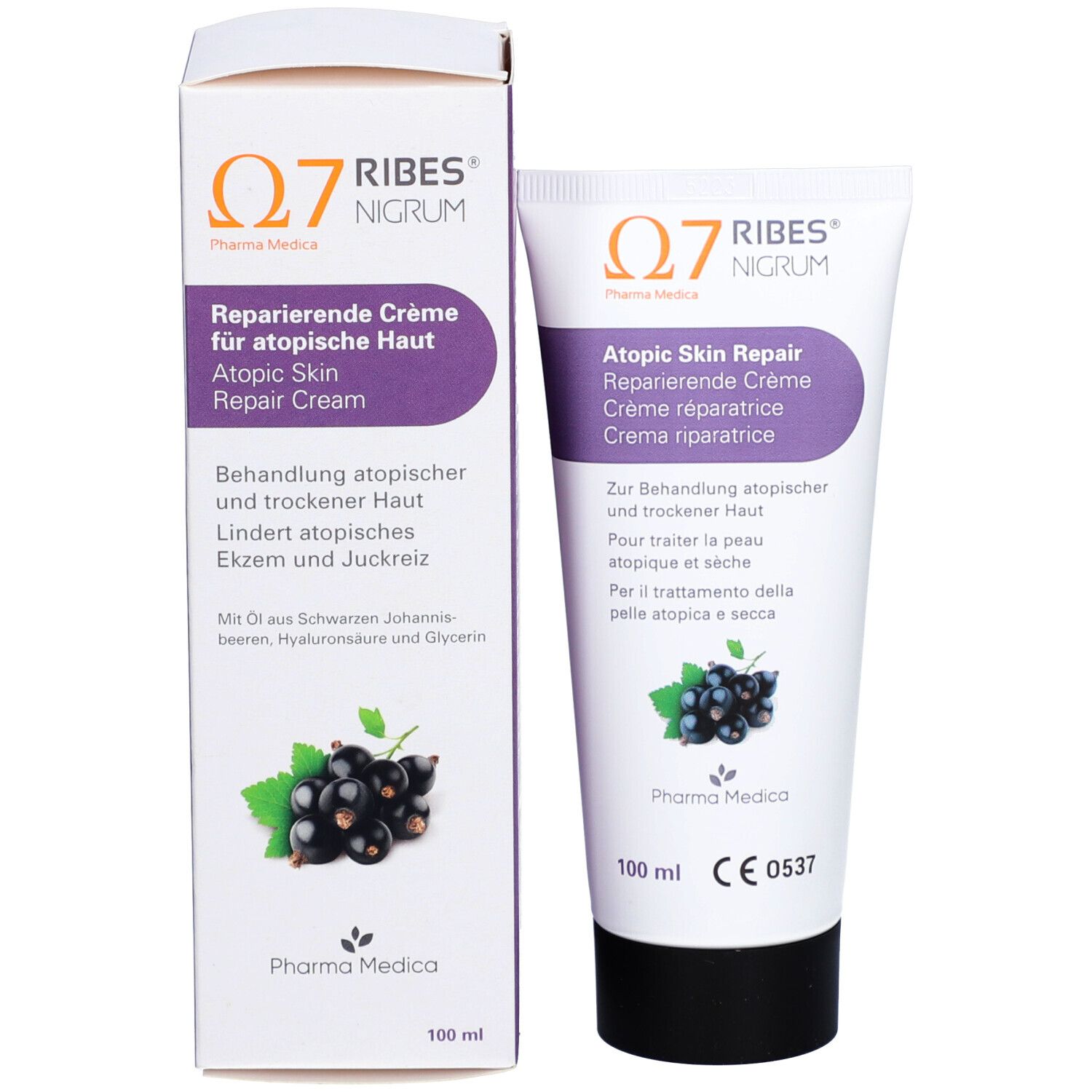 Emballage du produit avec tube et boîte. Tube: Atopic Skin Repair. Boîte: cassis, texte, logo.