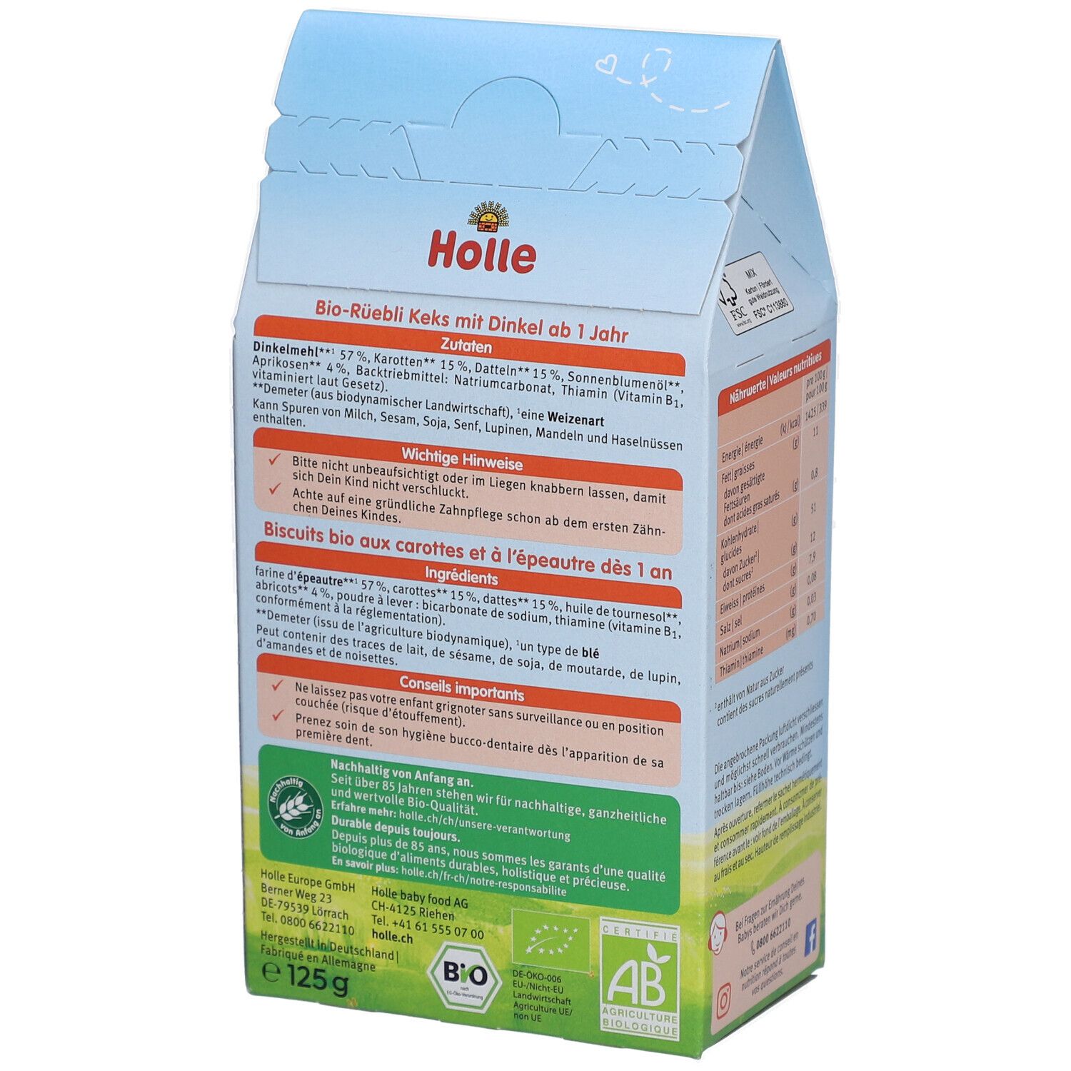 Dos du paquet Holle Bio-Rüebli Keks. Contient liste des ingrédients, avertissements et label bio.