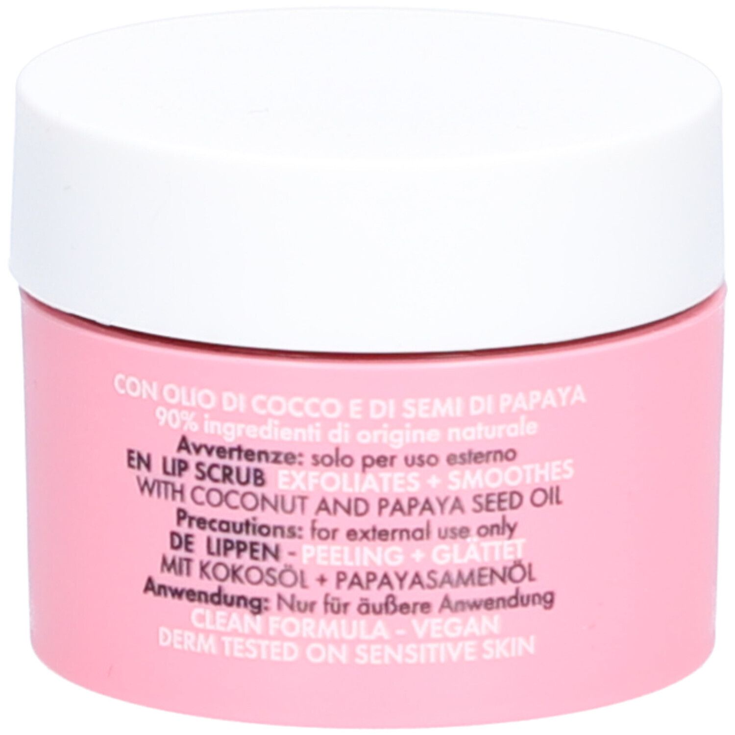 Pot rose avec couvercle blanc, gommage pour les lèvres à l'huile de coco et aux graines de papaye.