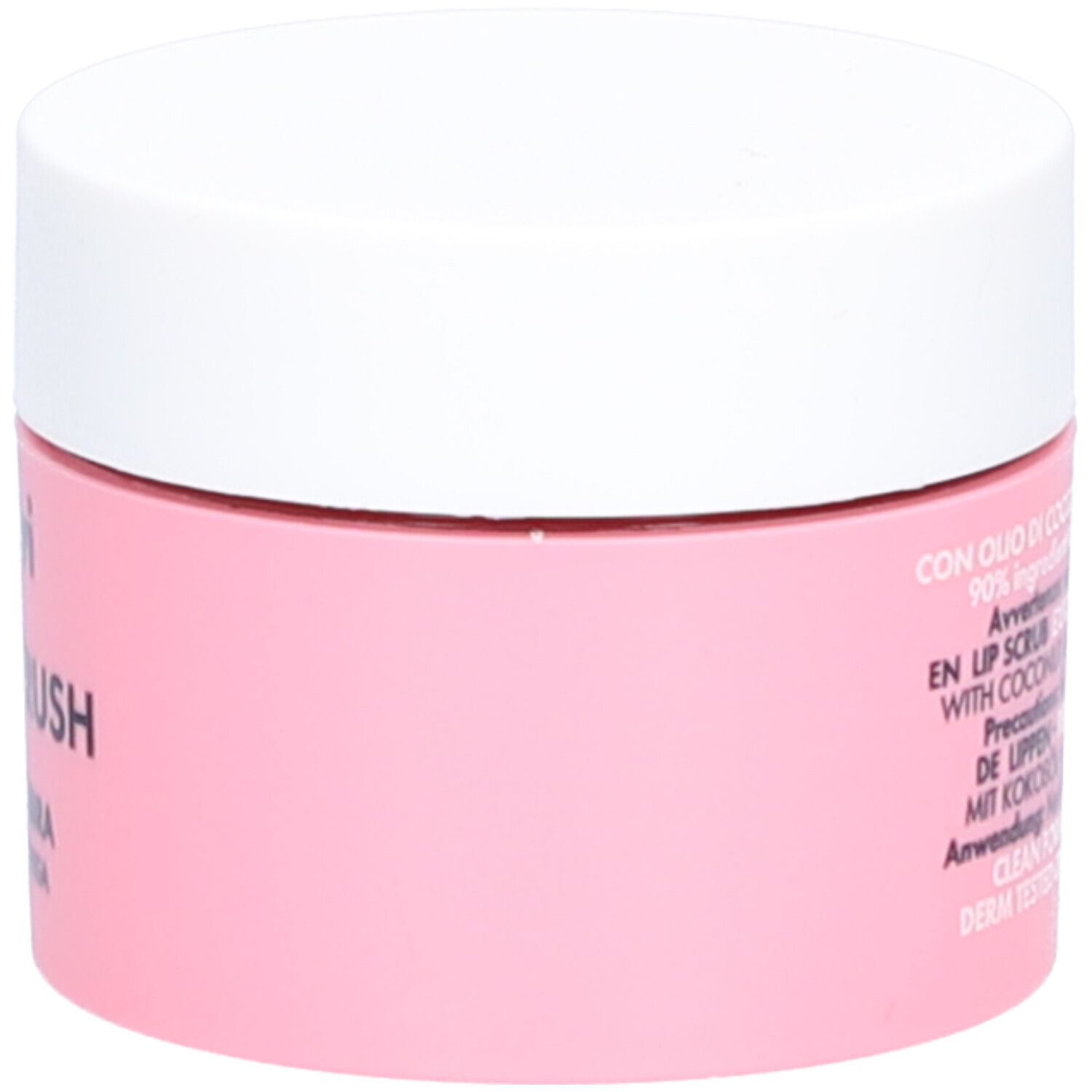 Pot rose avec couvercle blanc, gommage pour les lèvres à l'huile de coco.