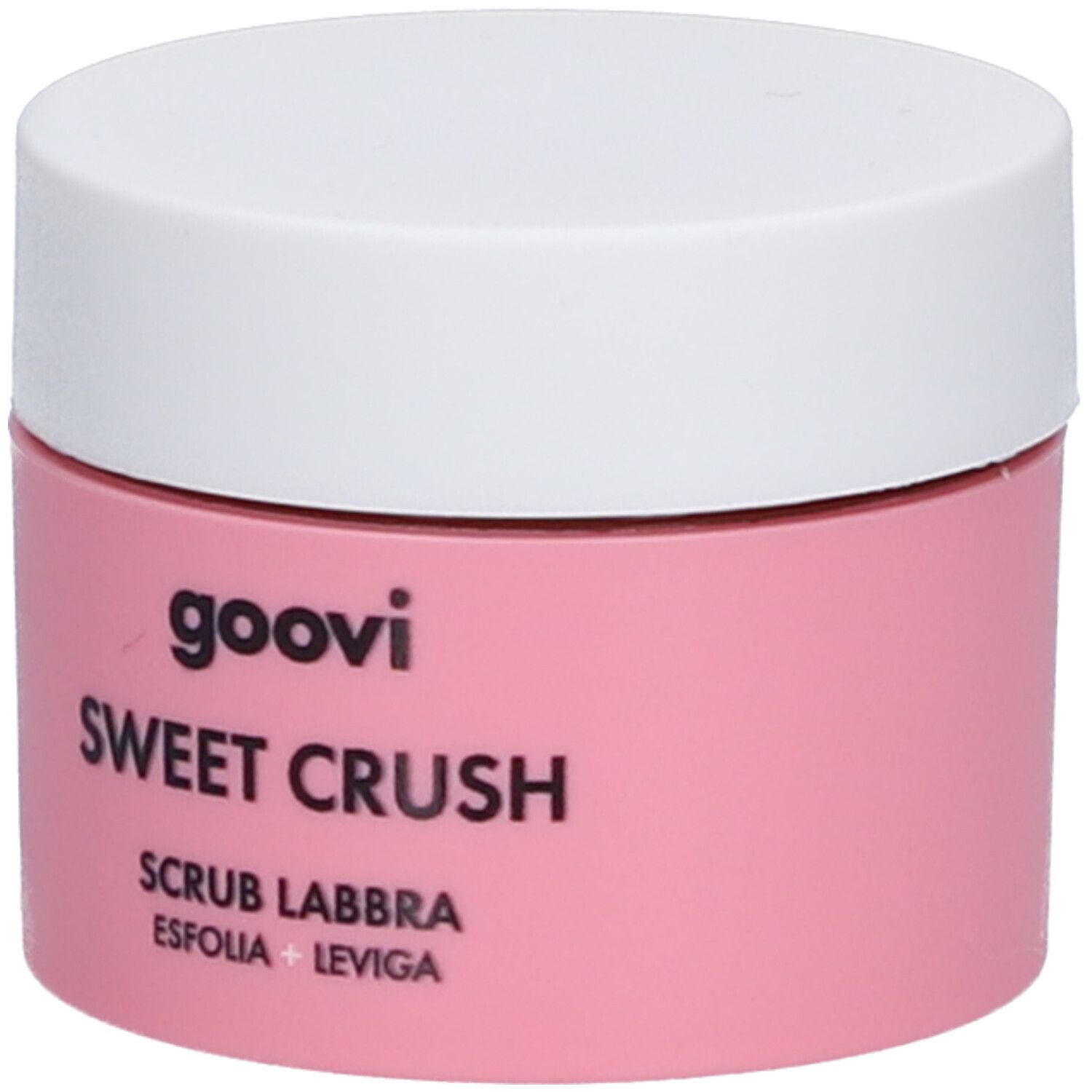 Gommage pour les lèvres Goovi Sweet Crush dans un pot rose avec un couvercle blanc.