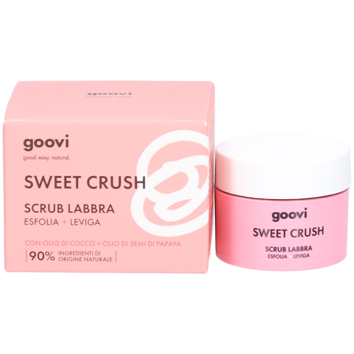 Gommage lèvres Goovi Sweet Crush en pot et boîte roses. Contient de l'huile de coco et de pépins de papaye.