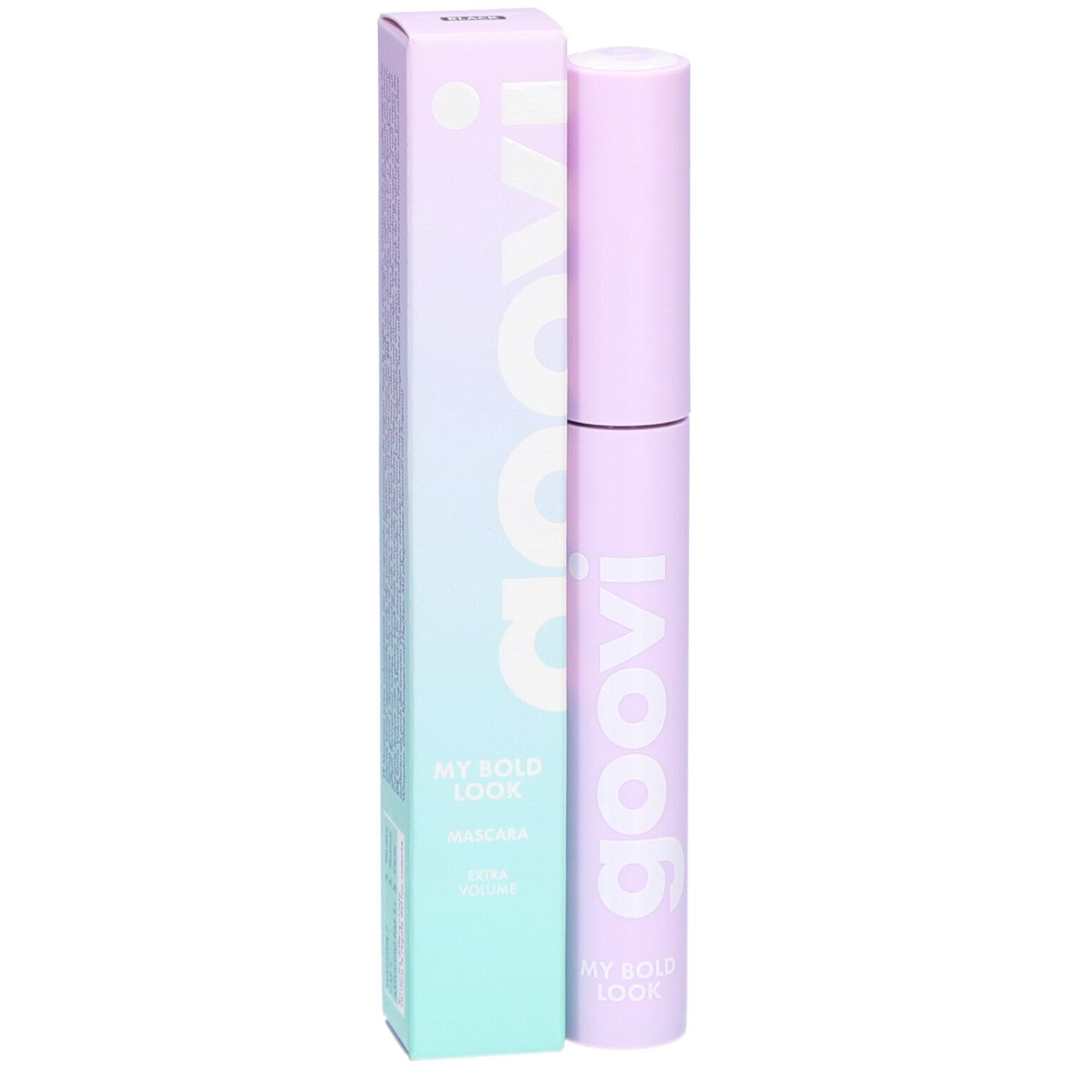 Mascara et emballage. Tube violet avec 'goovi' blanc. Emballage avec 'goovi' et 'MY BOLD LOOK'.