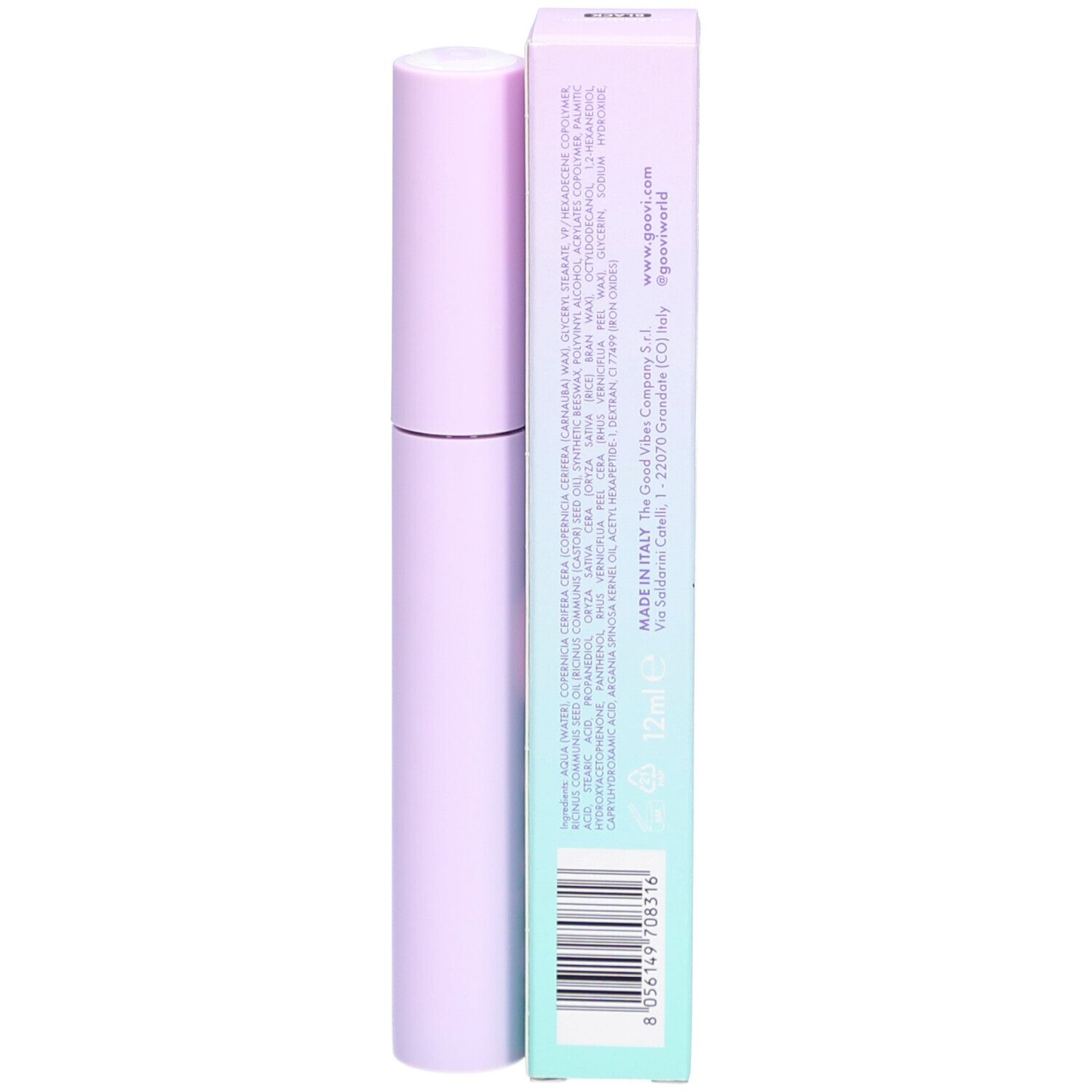 Tube de mascara et emballage. Tube violet avec texte blanc. Ingrédients et informations sur l'emballage.
