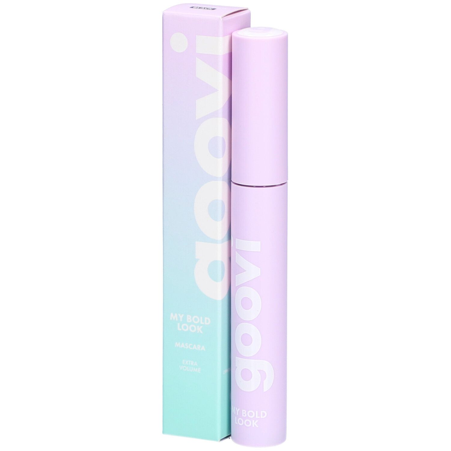 Mascara et emballage. Tube violet avec 'goovi' blanc. Emballage avec 'goovi' et 'MY BOLD LOOK'.