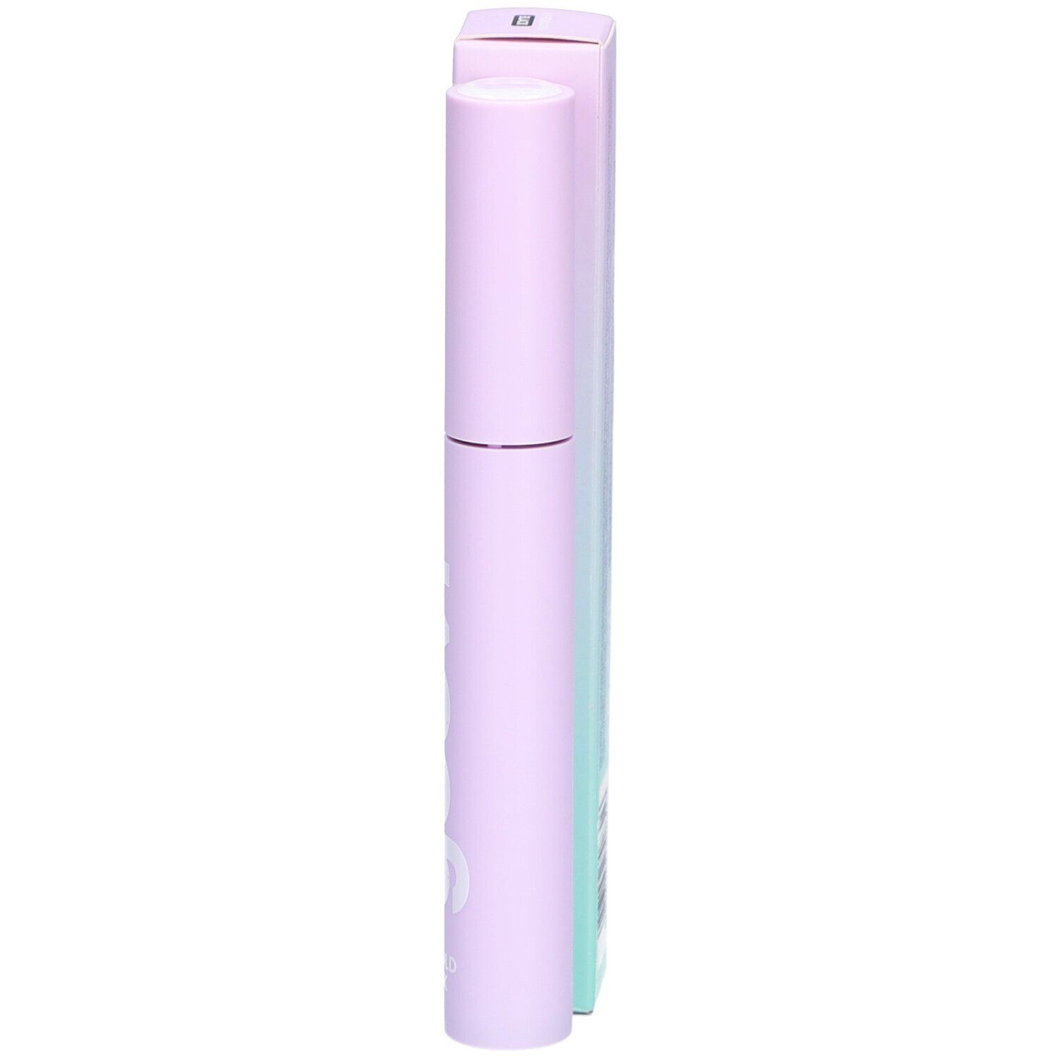 Tube de mascara et emballage. Tube violet avec 'goovi' blanc. Emballage avec 'goovi'.