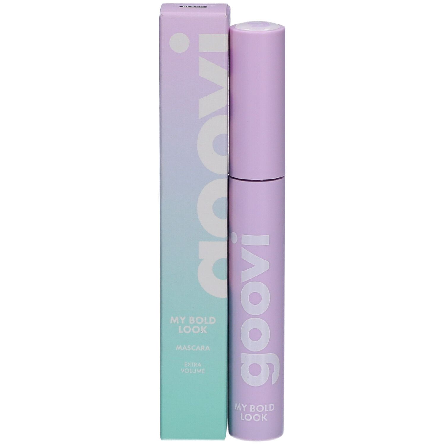Mascara et emballage. Tube violet avec 'goovi' blanc. Emballage avec 'goovi' et 'MY BOLD LOOK'.