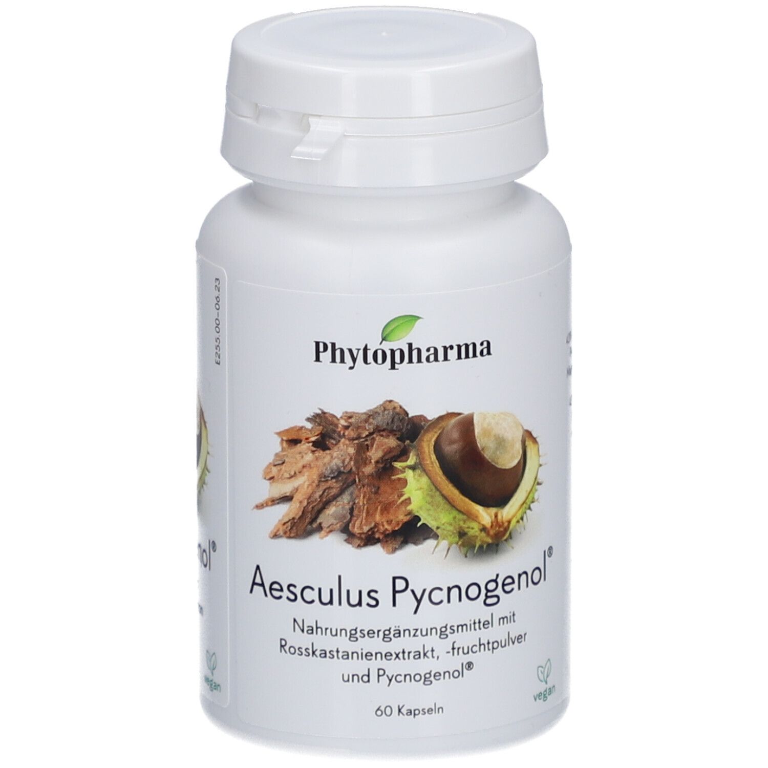 Flacon blanc avec couvercle. Inscription: PHYTOPHARMA, Aesculus Pycnogenol, 60 capsules. Illustration de châtaigne et d'écorce.