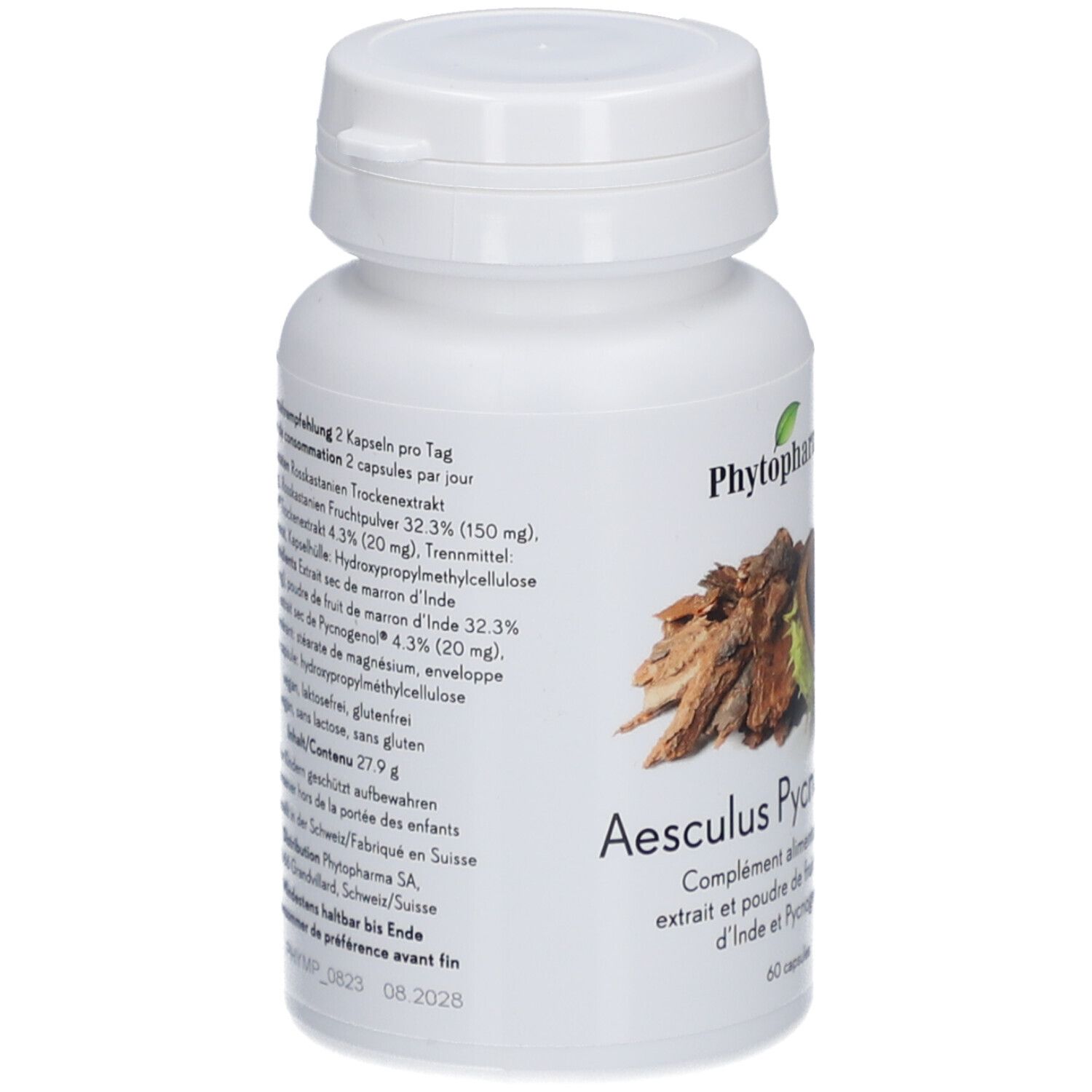 Flacon blanc avec couvercle. Inscription: PHYTOPHARMA, Aesculus Pycnogenol, 60 capsules. Texte au dos.
