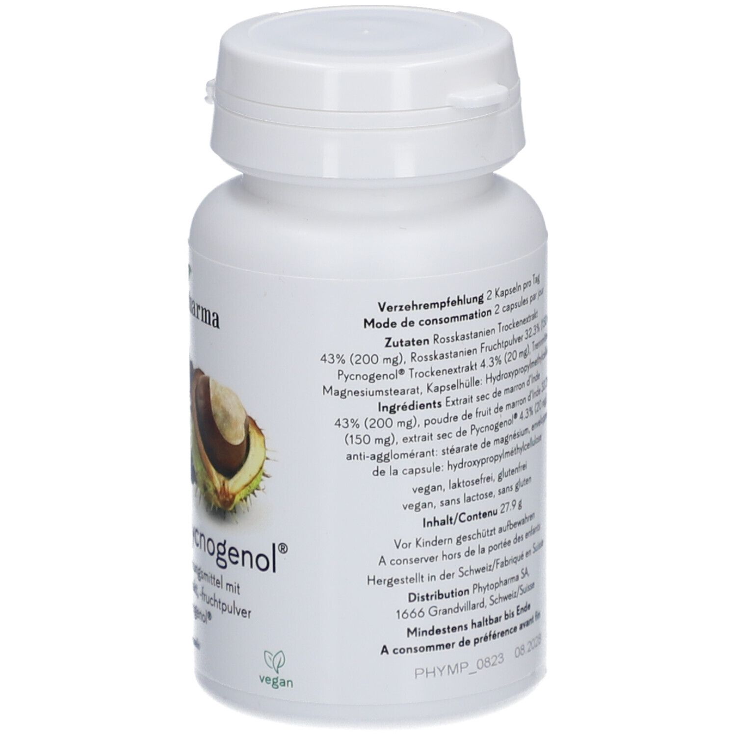 Flacon blanc avec couvercle. Inscription: PHYTOPHARMA, Aesculus Pycnogenol, 60 capsules. Texte au dos.