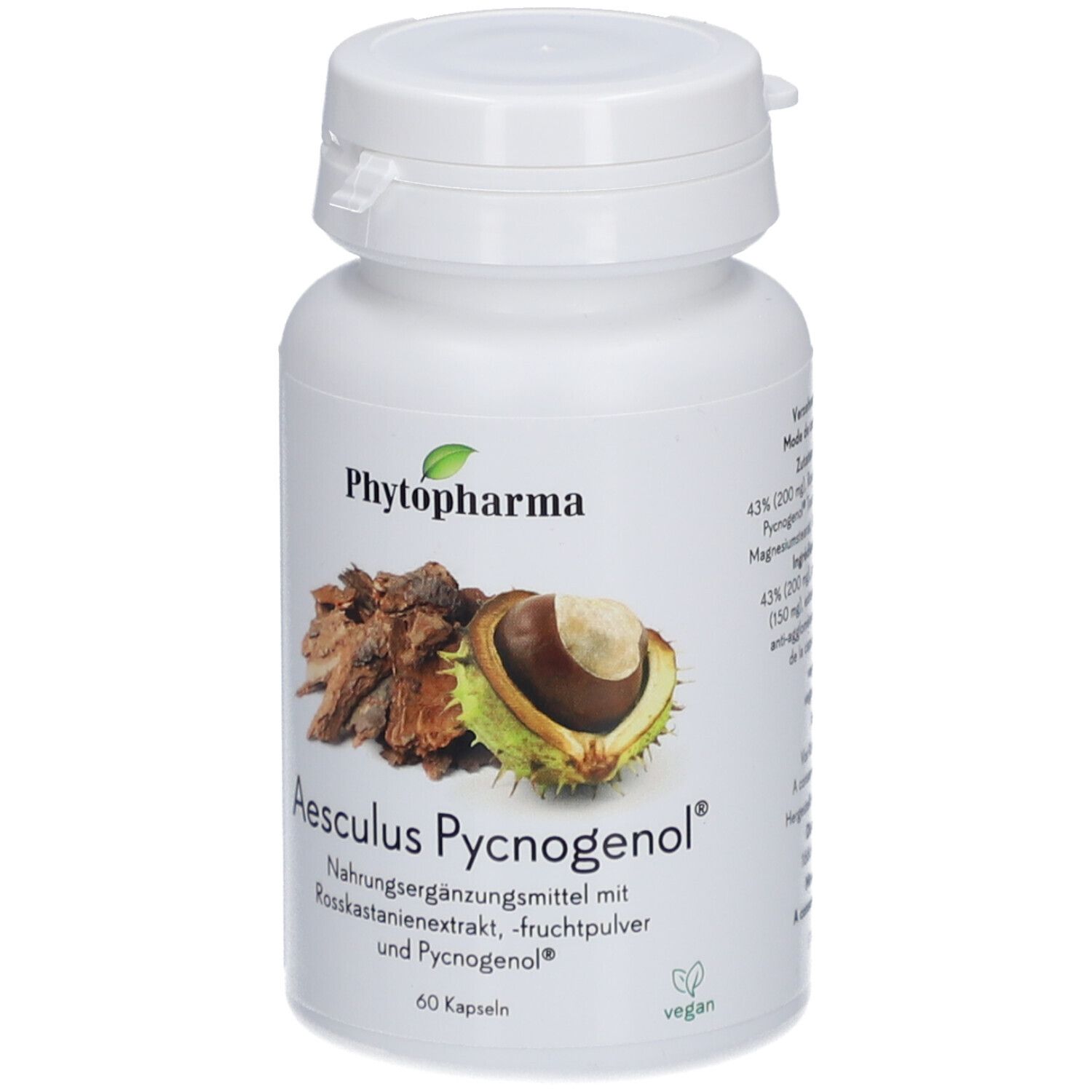 Flacon blanc avec couvercle. Inscription: PHYTOPHARMA, Aesculus Pycnogenol, 60 capsules. Illustration de châtaigne et d'écorce.