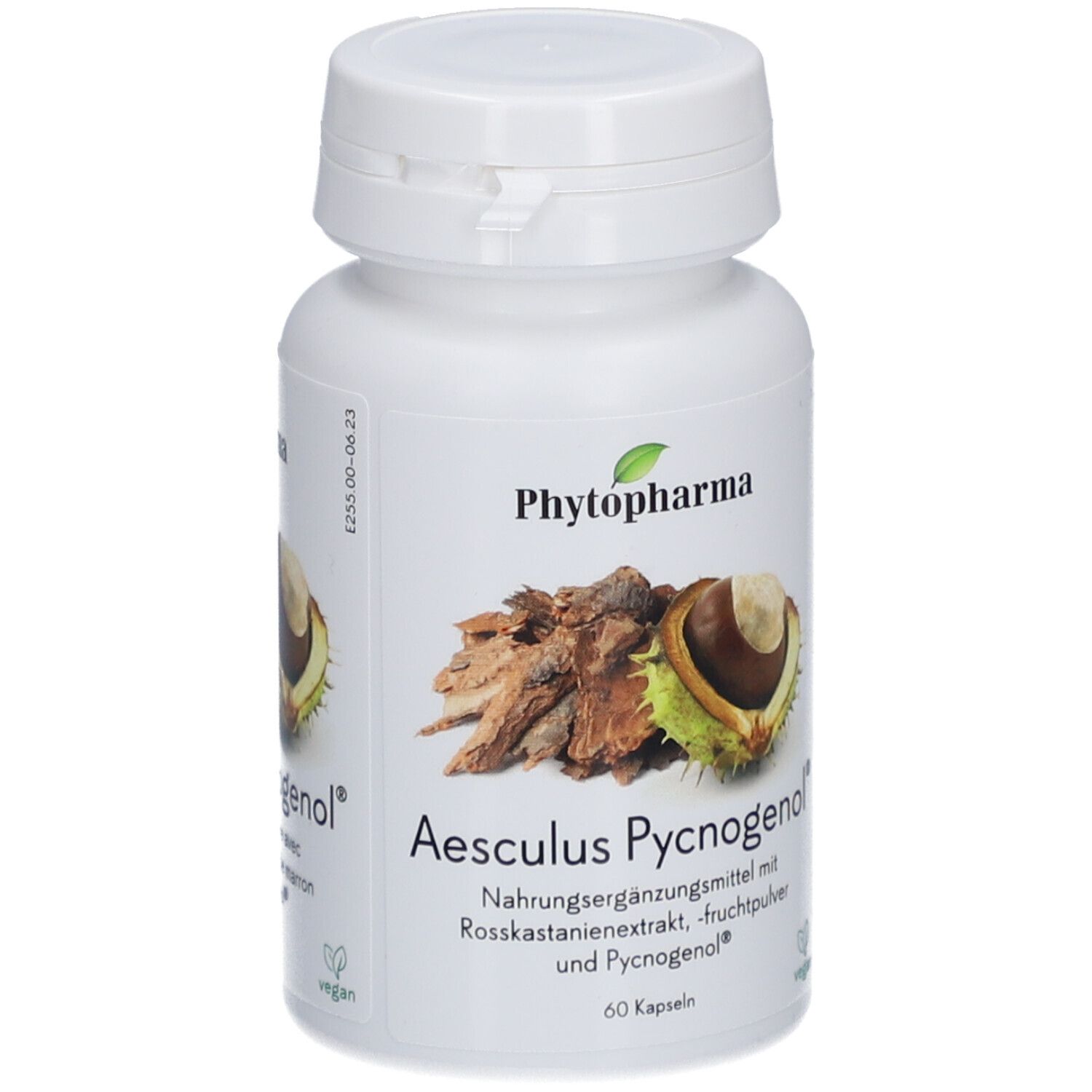 Flacon blanc avec couvercle. Inscription: PHYTOPHARMA, Aesculus Pycnogenol, 60 capsules. Illustration de châtaigne et d'écorce.