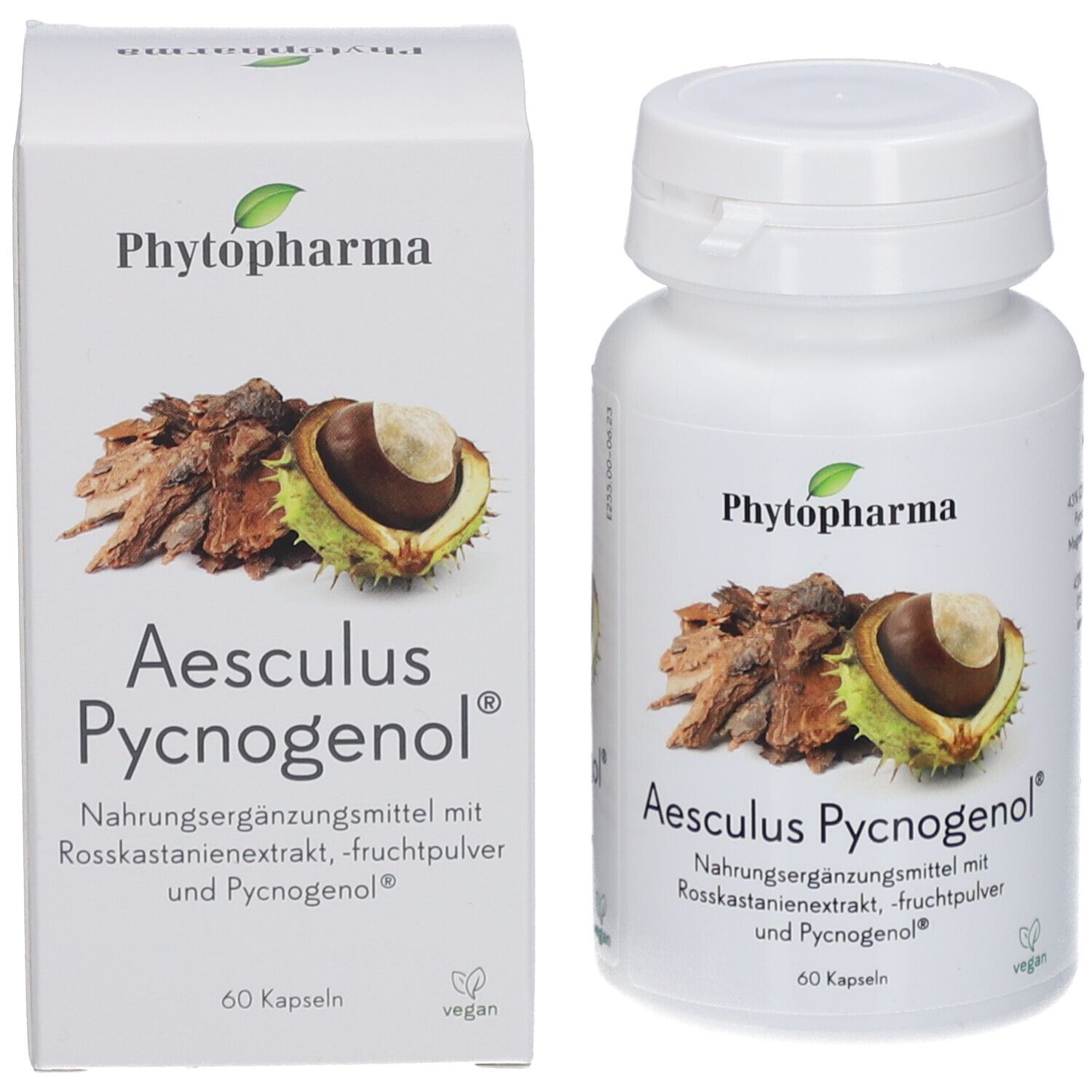 Emballage et flacon. Inscription: PHYTOPHARMA, Aesculus Pycnogenol, 60 capsules. Illustration de châtaigne et d'écorce.