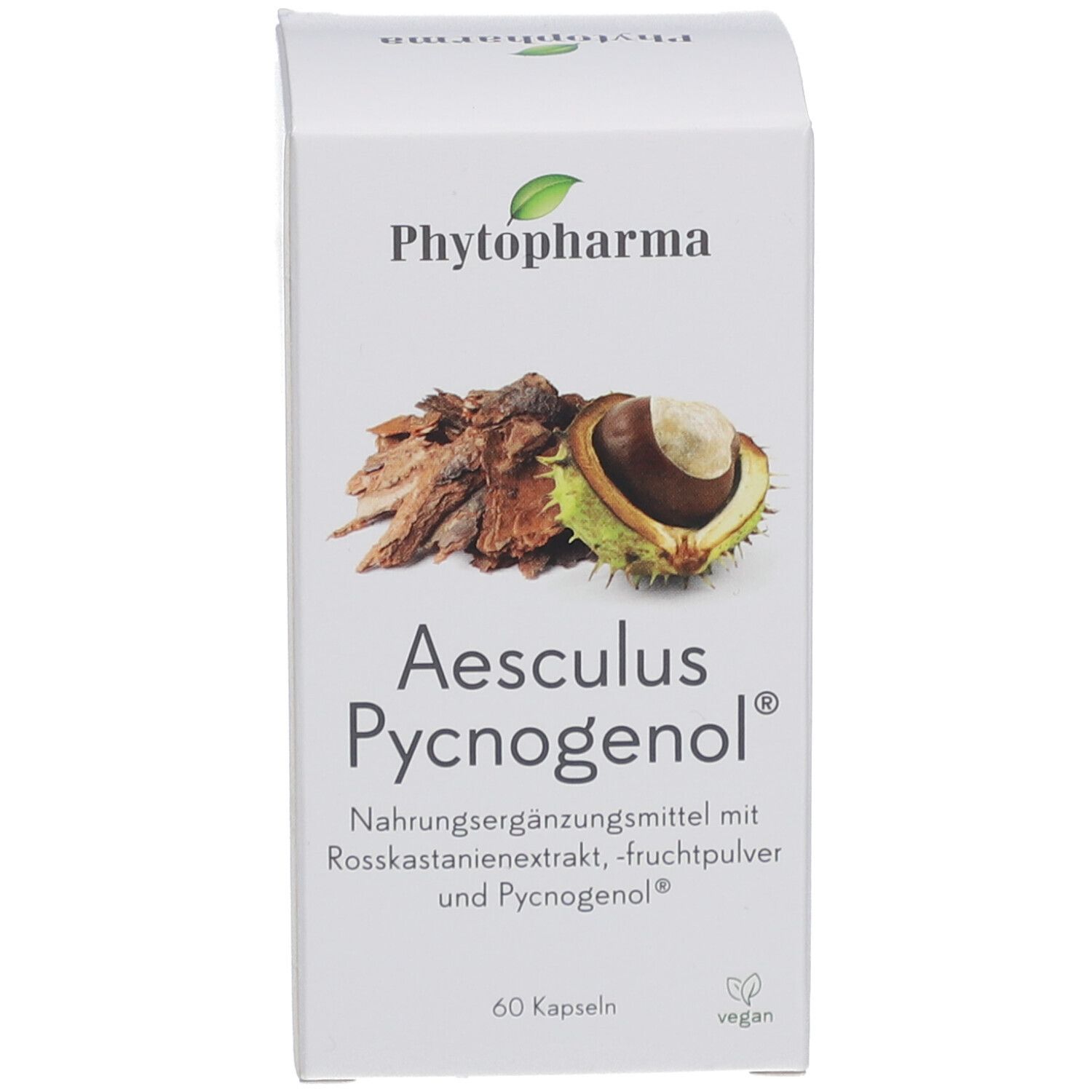 Emballage du produit. Inscription: PHYTOPHARMA, Aesculus Pycnogenol, 60 capsules. Illustration de châtaigne et d'écorce.