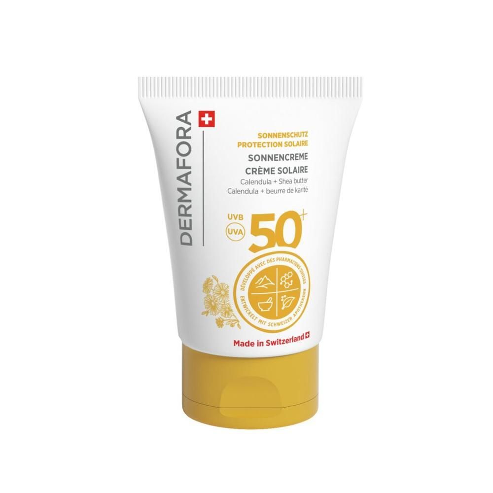Tube blanche à bouchon jaune. Inscription: DERMAFORA, protection solaire SPF 50+. Avec croix suisse et symboles.