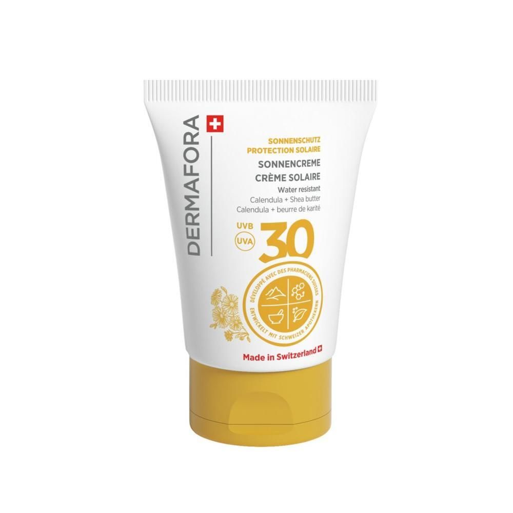 Tube de crème solaire avec bouchon jaune. Texte: DERMAFORA, protection solaire SPF 30, UVA/UVB, résistant à l'eau. Croix suisse.