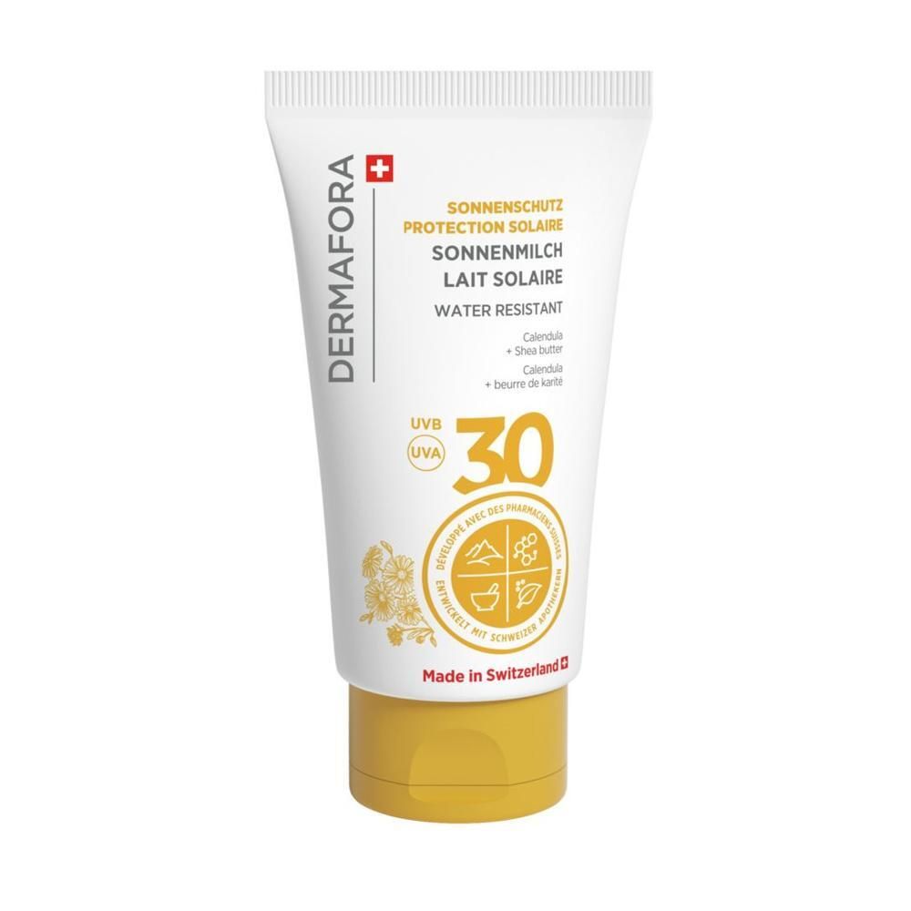 Tube blanche, bouchon jaune. Inscription: DERMAFORA Sonnenschutzmilch LSF 30. Croix suisse. Logo UVB/UVA.
