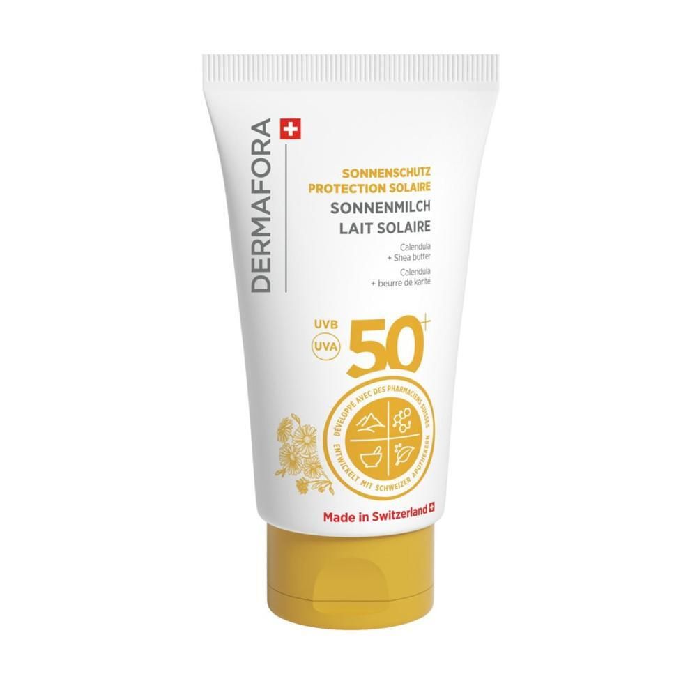 Tube blanche à bouchon jaune. Inscription: DERMAFORA, Lait solaire SPF 50+. Croix suisse. Ingrédients visibles.