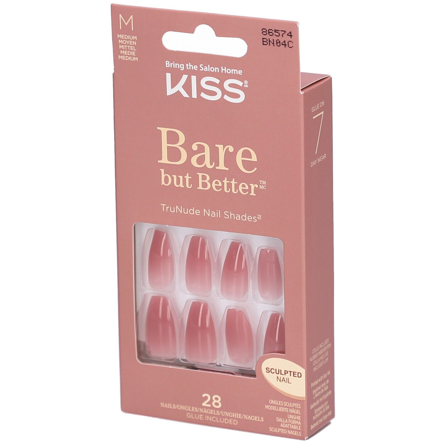 KISS Bare but Better ongles. Boîte rose avec 28 ongles sculptés. Ongles artificiels de différentes tailles visibles.
