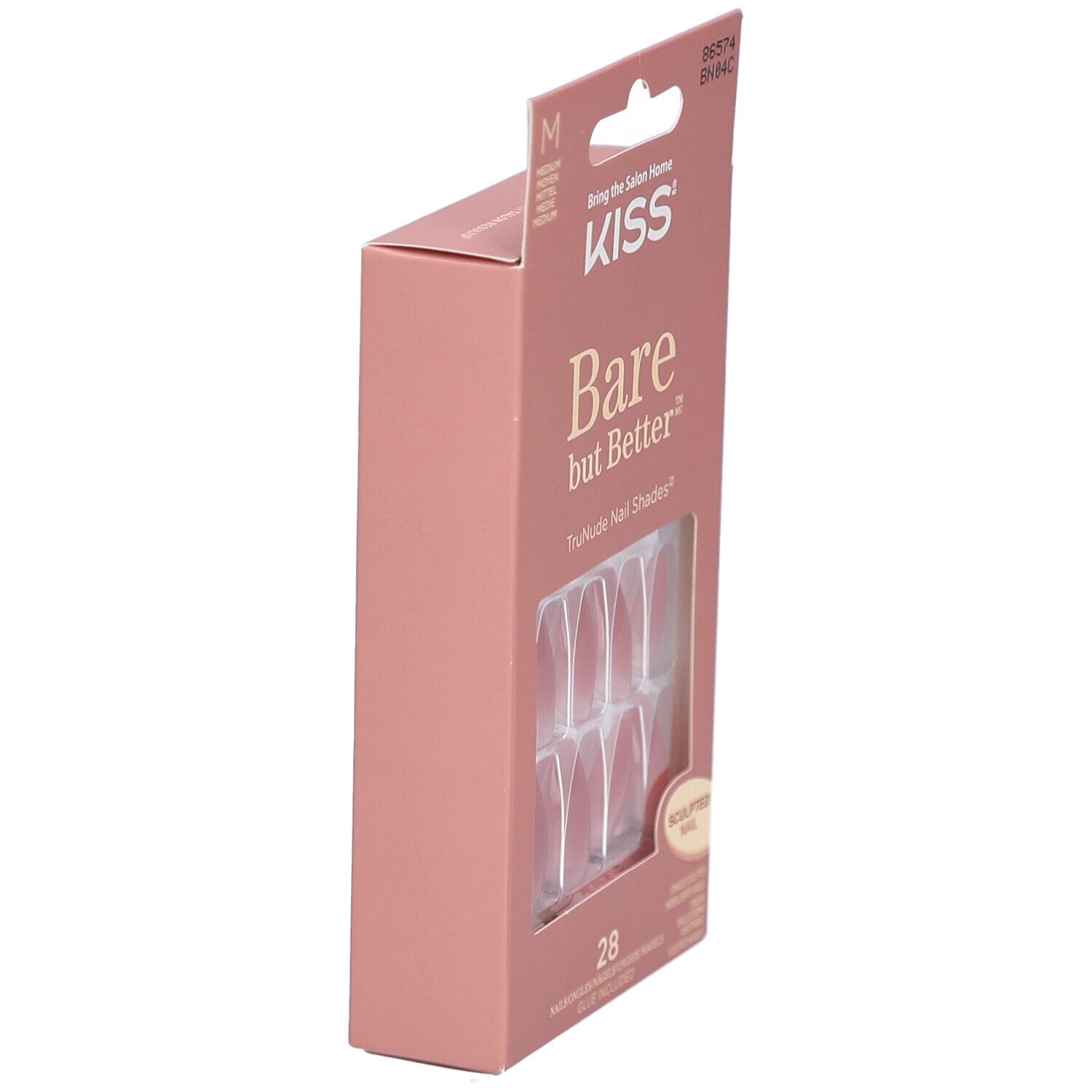 Emballage KISS Bare but Better. Boîte rose avec nom du produit et 28 ongles sculptés. Vue latérale.