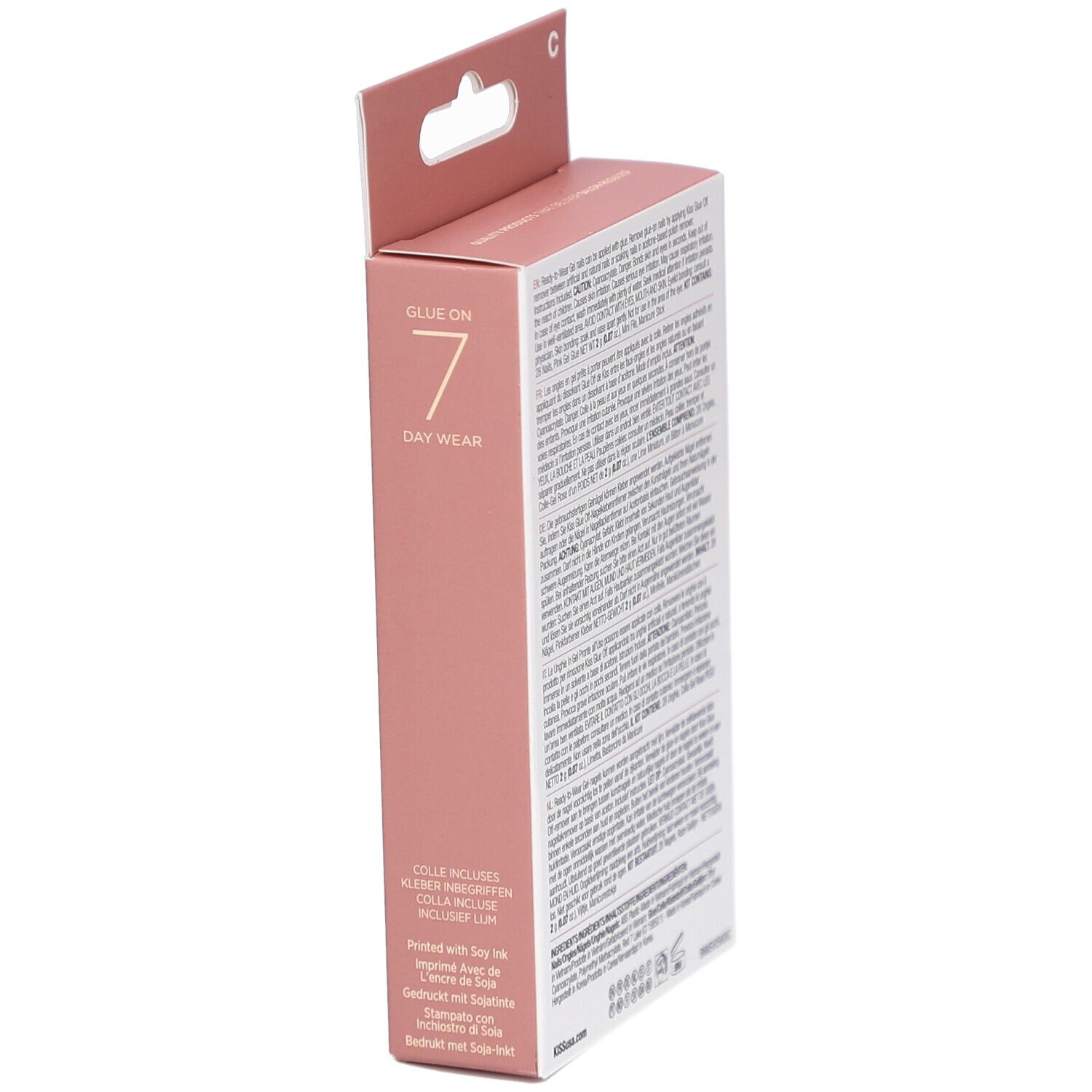 Côté de l'emballage KISS Bare but Better. Boîte rose avec texte. 'Glue on 7 Day Wear' et ingrédients.