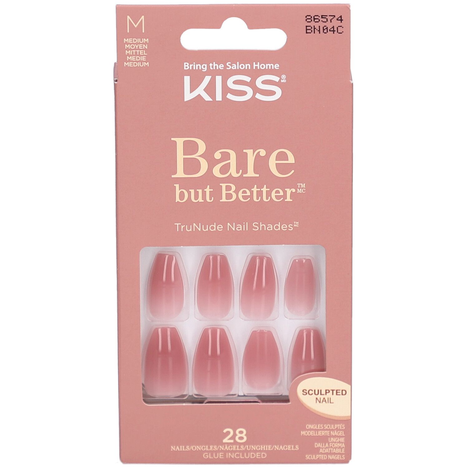 KISS Bare but Better ongles. Boîte rose avec 28 ongles sculptés. Ongles artificiels dégradés.