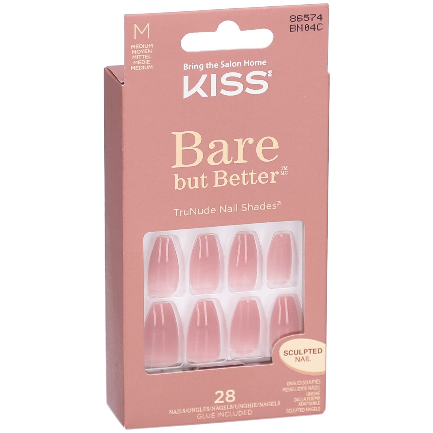 KISS Bare but Better ongles. Boîte rose avec 28 ongles sculptés. Ongles artificiels dégradés.