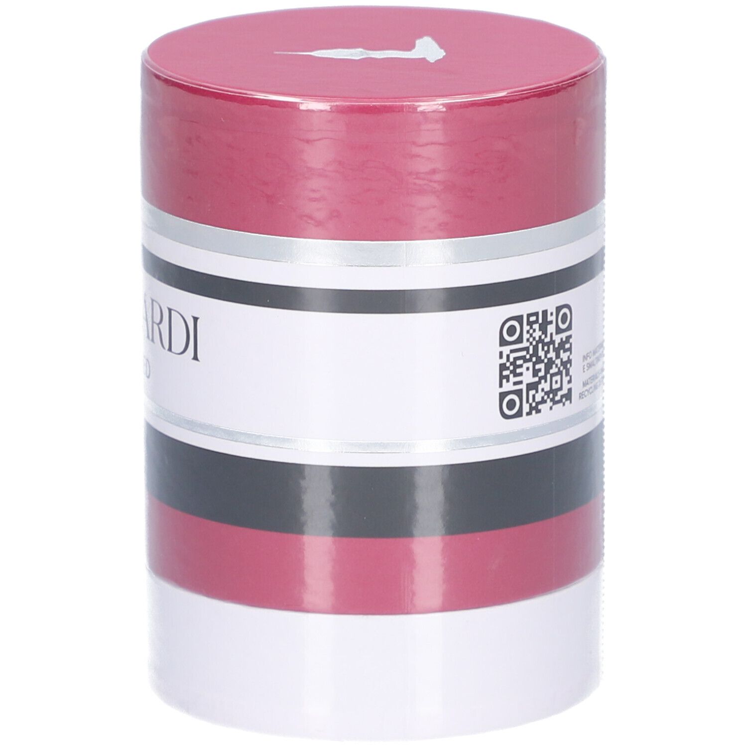 Emballage cylindrique. Trussardi Ruby Red. Rouge, blanc, noir. Logo et nom du produit. Code QR sur l'emballage.