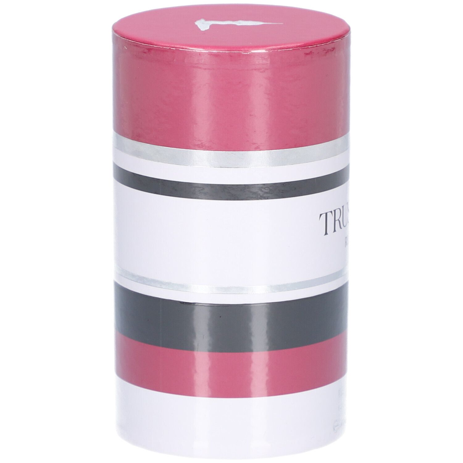 Trussardi Ruby Red Eau de Parfum Naturspray dans un emballage cylindrique avec des rayures rouges et argentées.