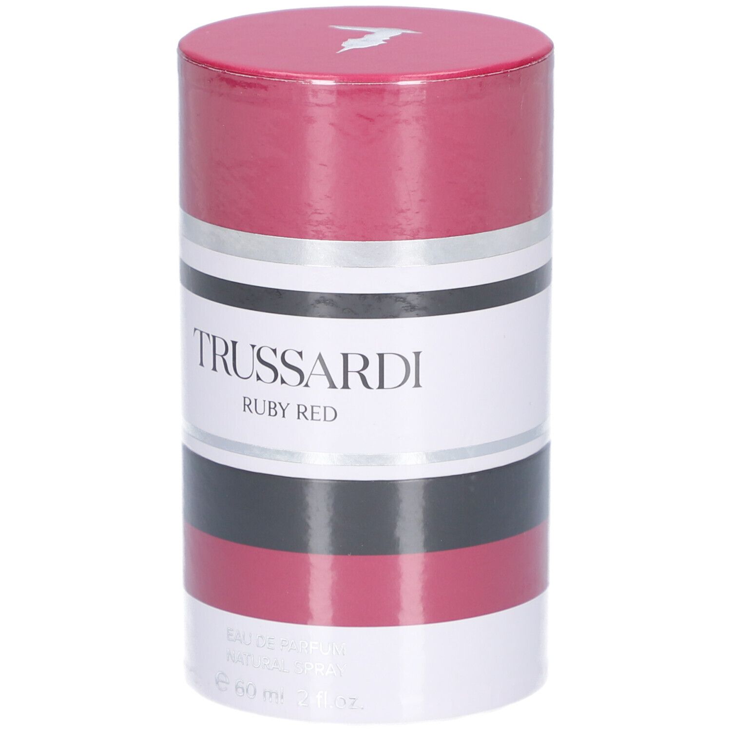 Emballage cylindrique. Trussardi Ruby Red. Rouge, noir, argent et blanc. Couvercle avec logo. Texte: Trussardi, Ruby Red.