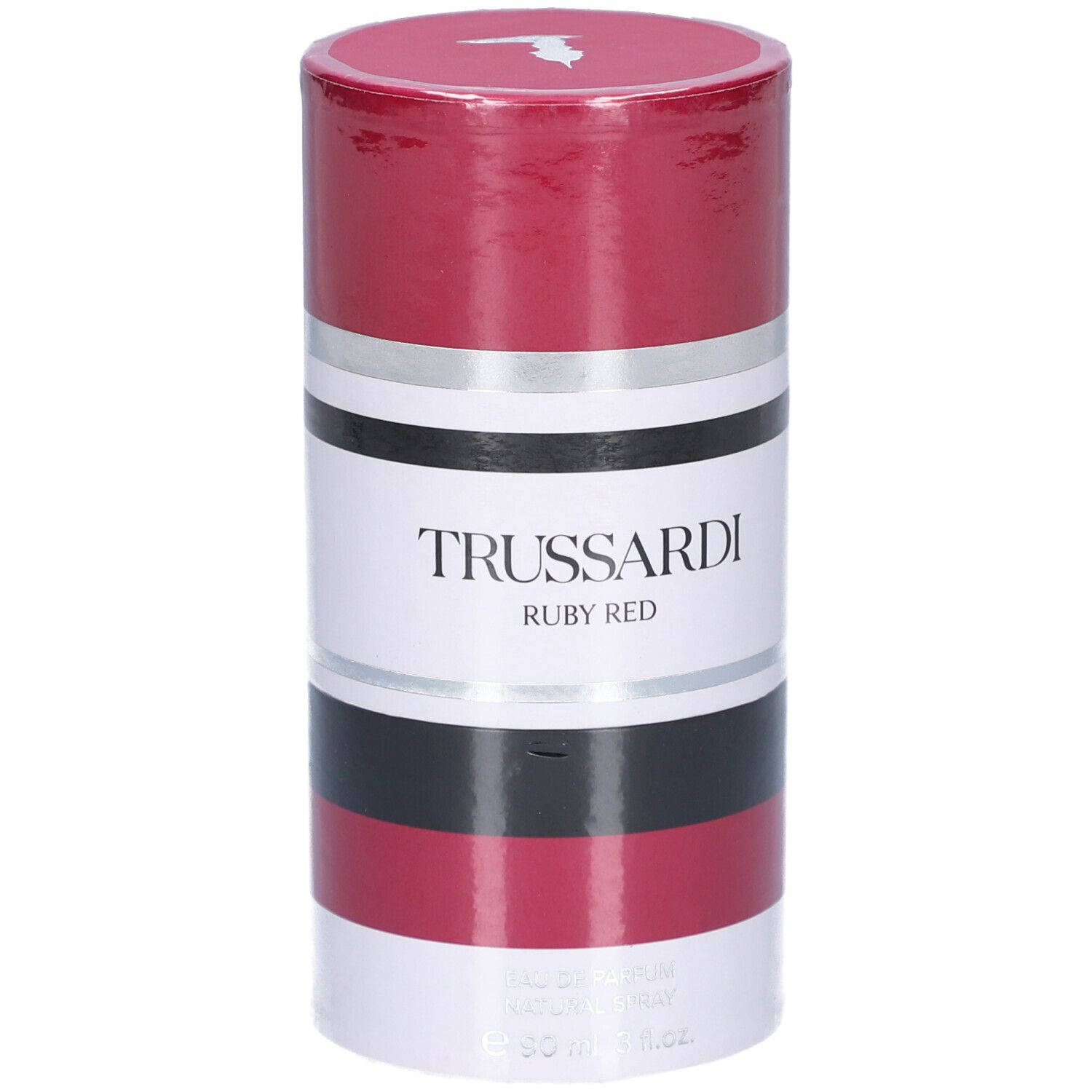 Emballage Trussardi Ruby Red EdP, cylindrique, rayures rouge-blanc-argent-noir.