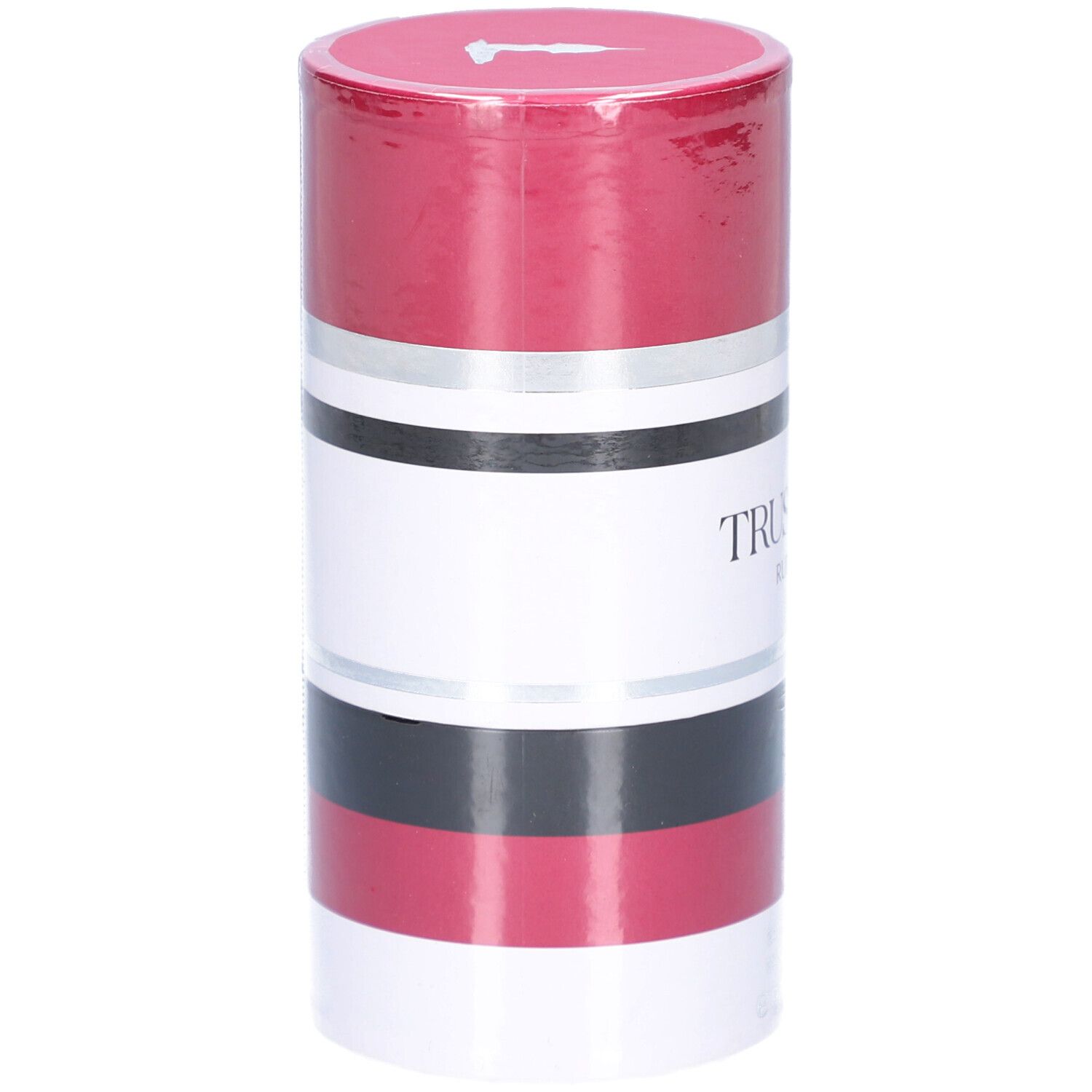 Emballage Trussardi Ruby Red EdP, cylindrique, rayures rouge-blanc-argent-noir.