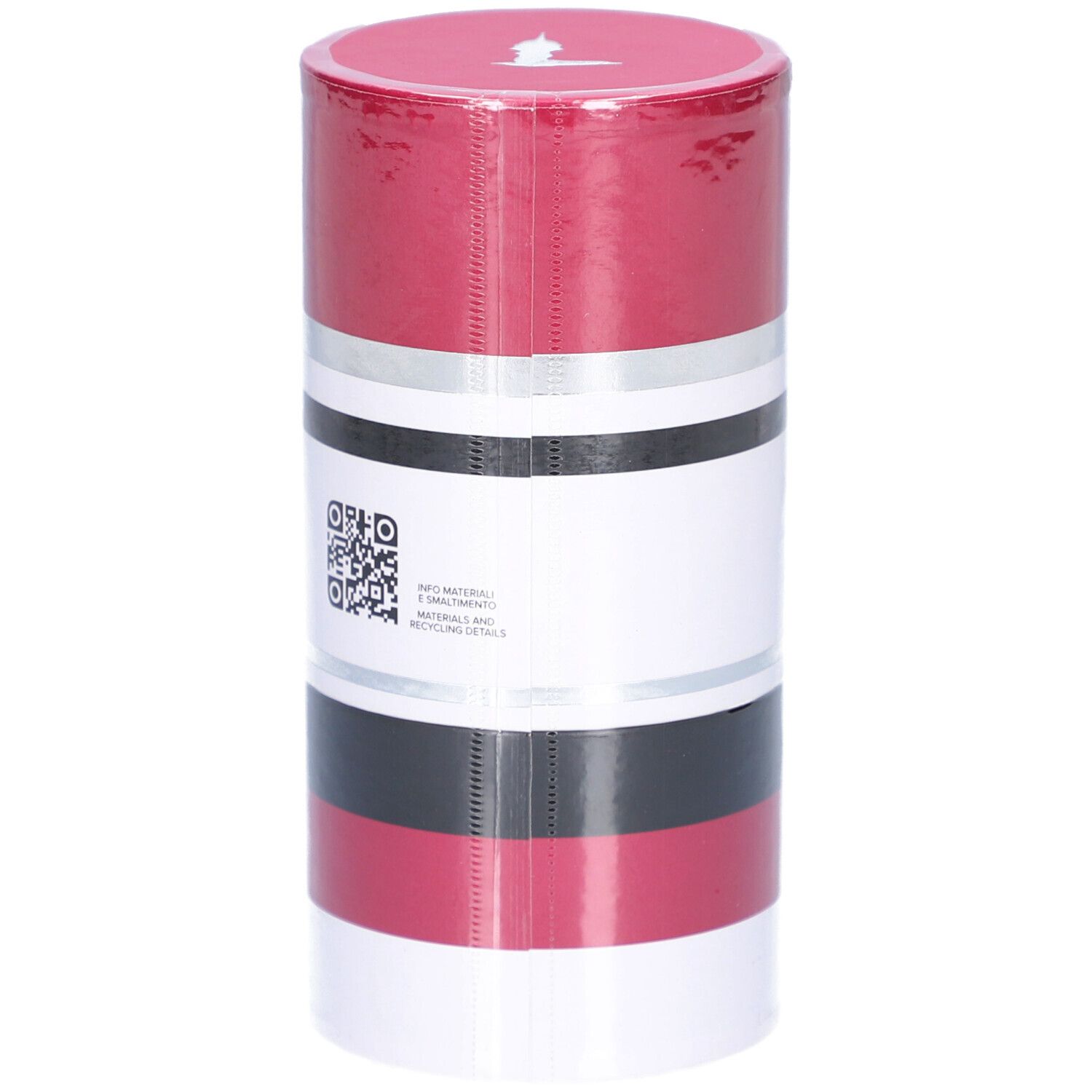 Emballage Trussardi Ruby Red EdP, cylindrique, rayures rouge-blanc-argent-noir.