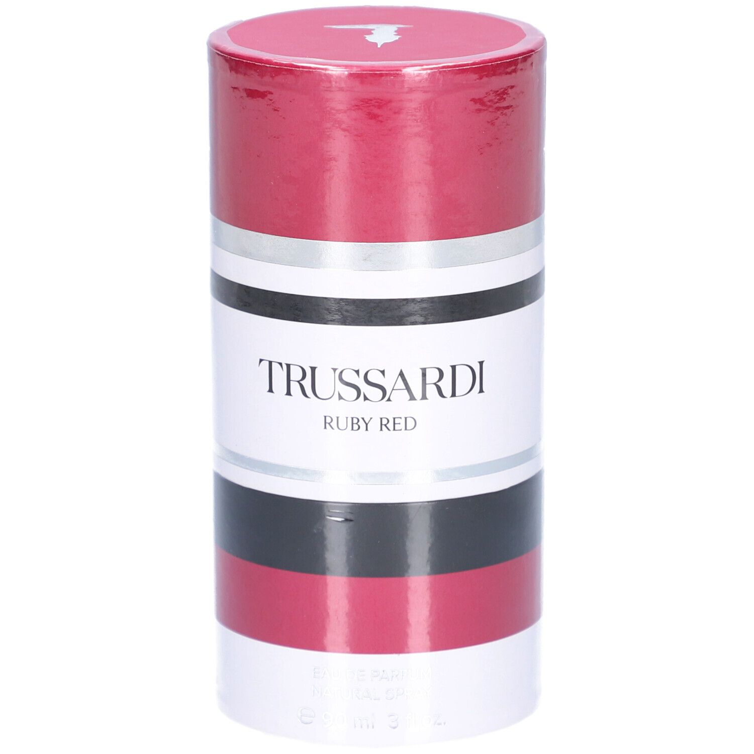 Emballage Trussardi Ruby Red EdP, cylindrique, rayures rouge-blanc-argent-noir.