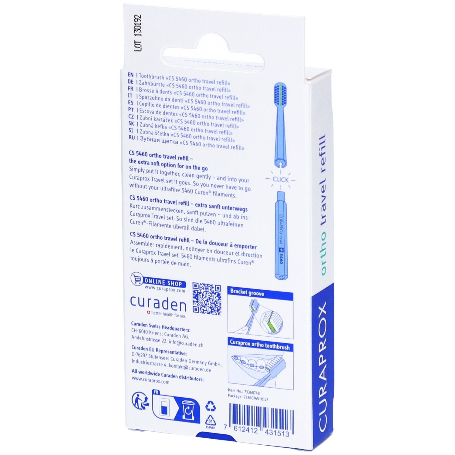 Dos de l'emballage. Illustrations et texte en plusieurs langues. Inscription : CURAPROX, ortho travel refill.