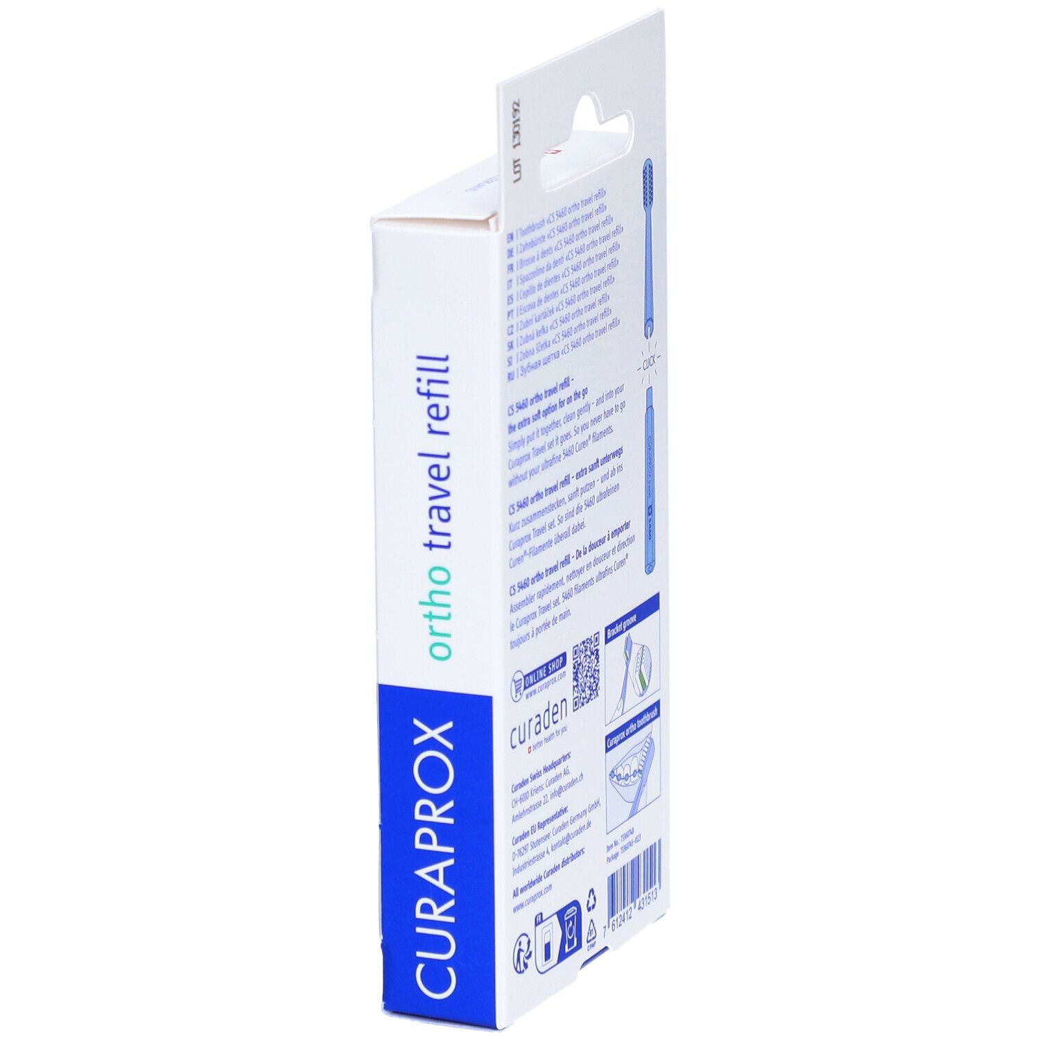 Emballage, vue latérale. Inscription : CURAPROX, ortho travel refill. Illustrations et texte.