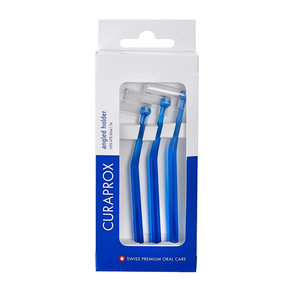 Emballage de trois supports coudés CURAPROX UHS 470 bleus. Fenêtre montrant les supports.