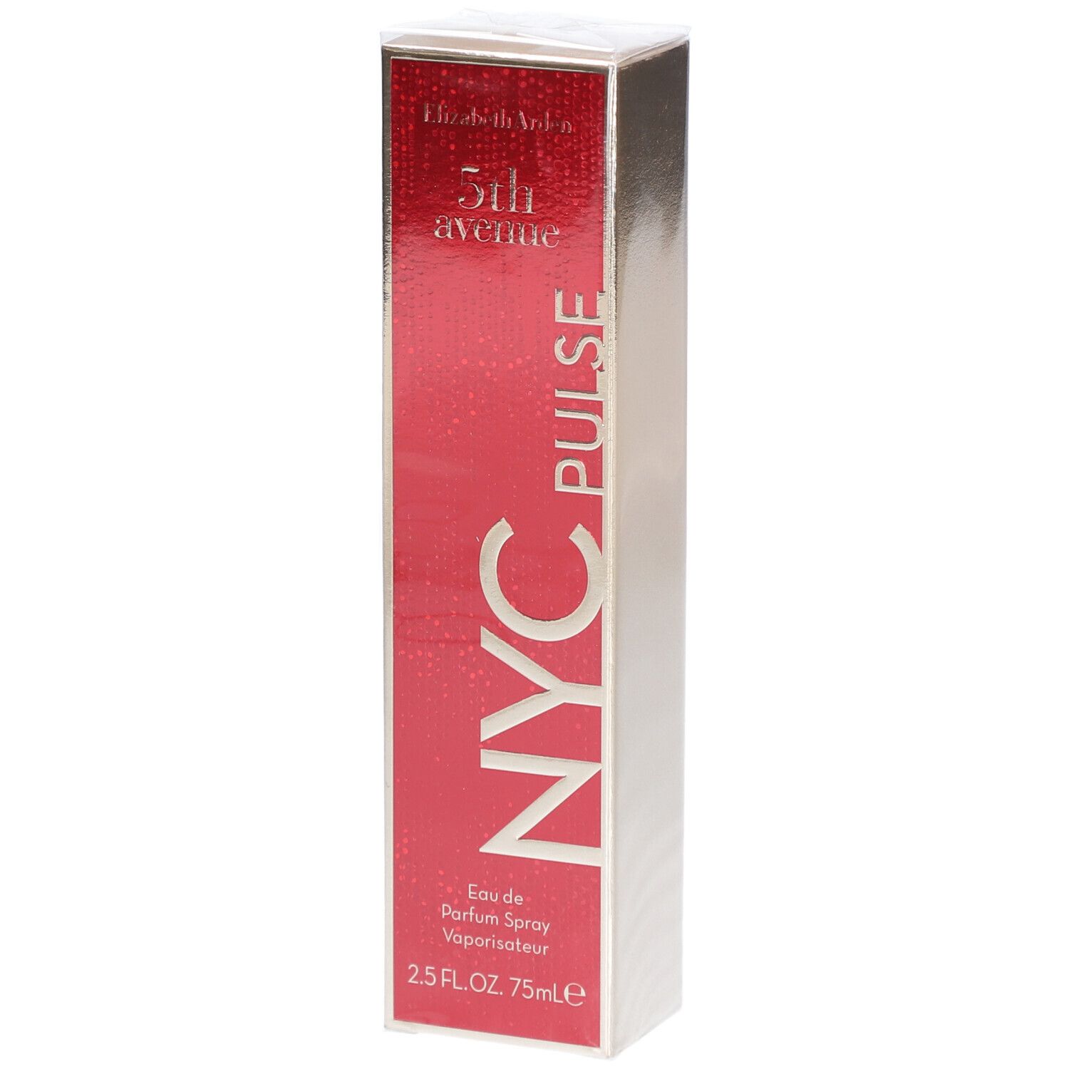 Elizabeth Arden 5th Avenue NYC Pulse Eau de Parfum. Boîte rectangulaire rouge et argentée. Texte: NYC PULSE, Eau de Parfum Spray.