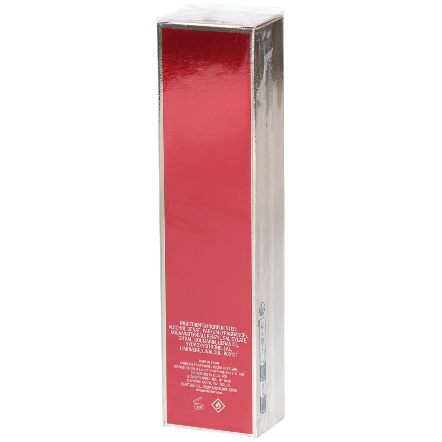 Elizabeth Arden 5th Avenue NYC Pulse Eau de Parfum. Emballage, dos avec ingrédients. Texte: Ingrédients, informations fabricant.