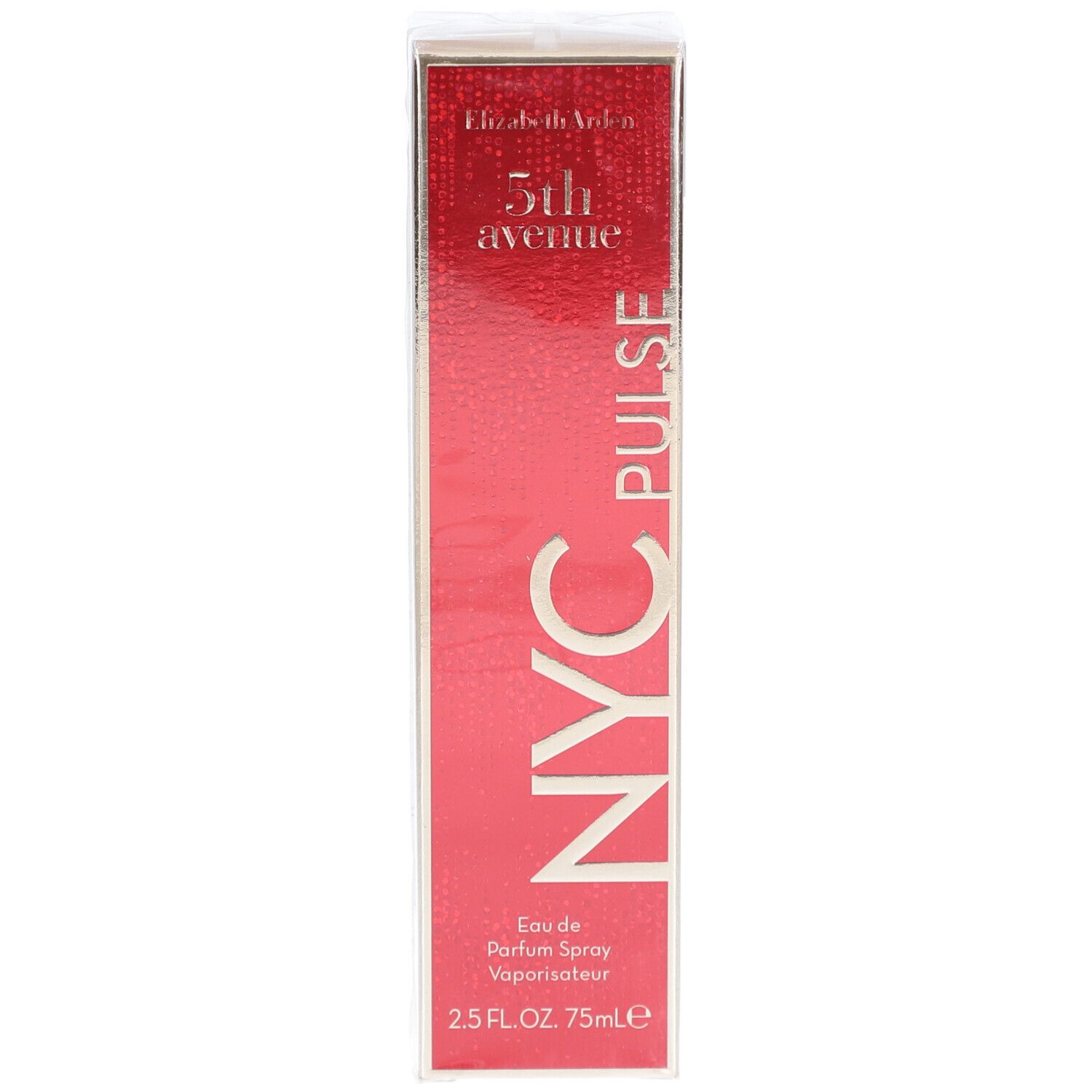 Elizabeth Arden 5th Avenue NYC Pulse Eau de Parfum. Emballage, face avant. Texte: 5th avenue, NYC PULSE, Eau de Parfum Spray.
