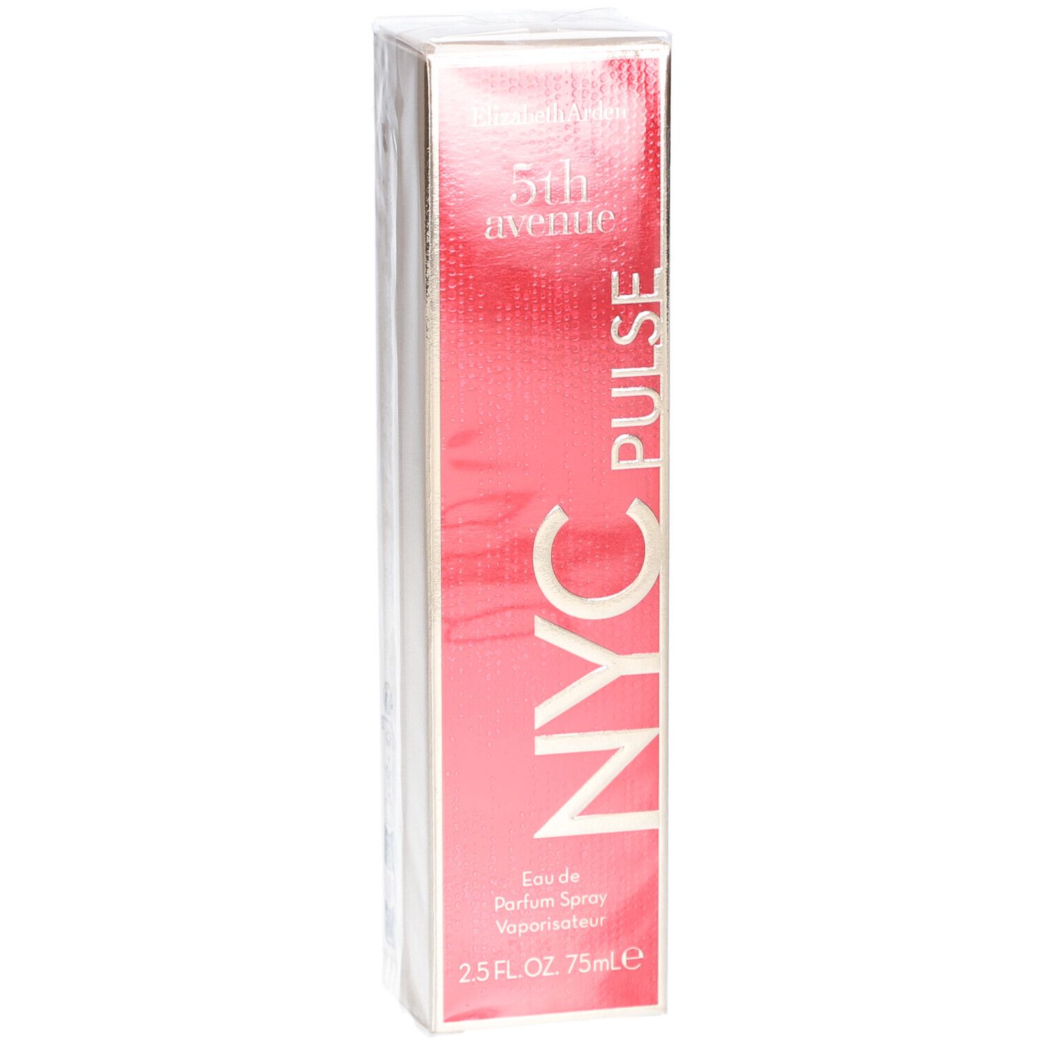 Elizabeth Arden 5th Avenue NYC Pulse Eau de Parfum. Emballage, face avant. Texte: 5th avenue, NYC PULSE, Eau de Parfum Spray.