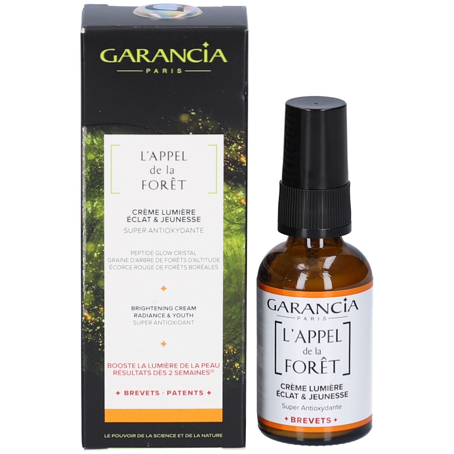 Emballage du produit et flacon. Boîte noire avec nom du produit L'APPEL de la FORÊT. Flacon en verre brun avec pompe noire.
