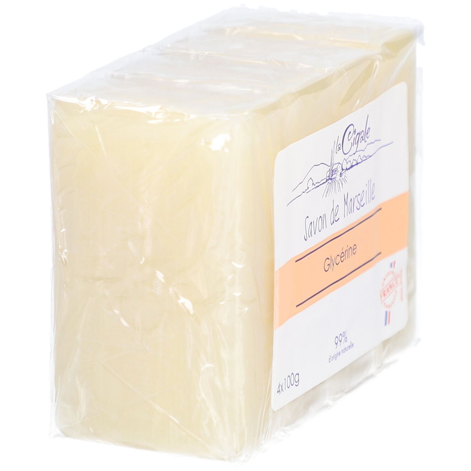 Emballage de quatre blocs de savon. Étiquette "La Cigale", "Savon de Marseille", Glycérine et "99% d'origine naturelle".