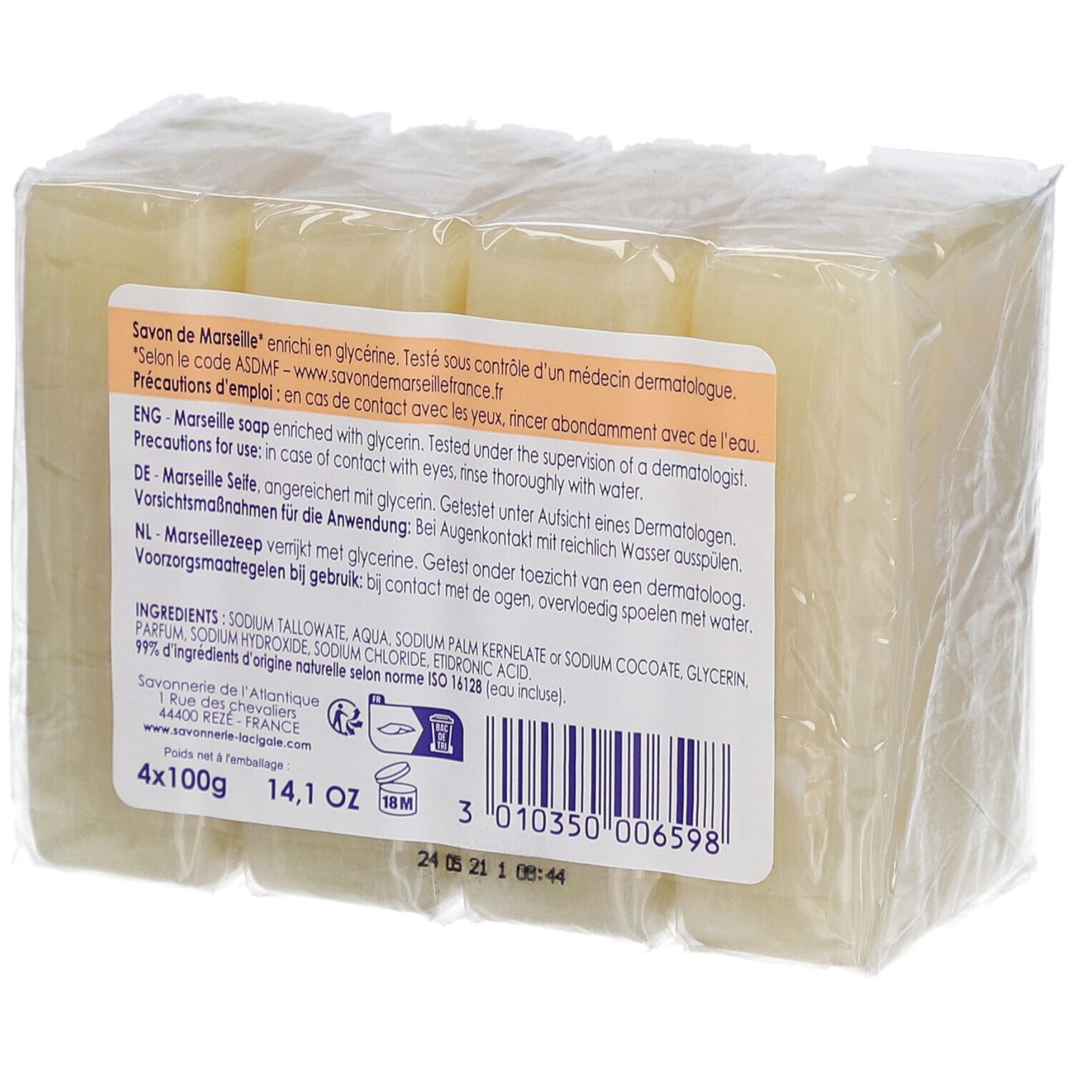 Emballage de quatre savons. Verso avec texte, ingrédients, code-barres et logo "Made in France".