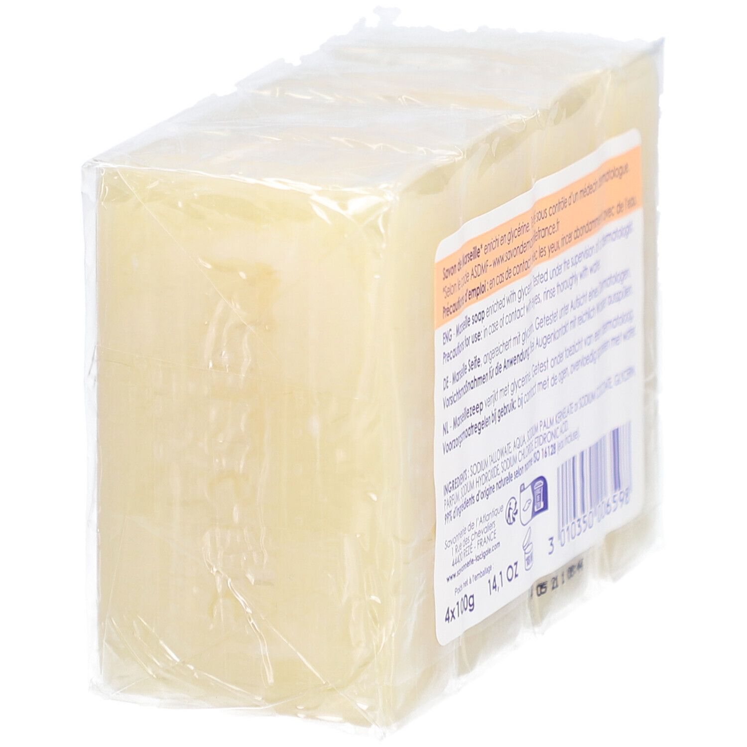 Emballage de quatre savons. Verso avec texte, ingrédients, code-barres et logo "Made in France".