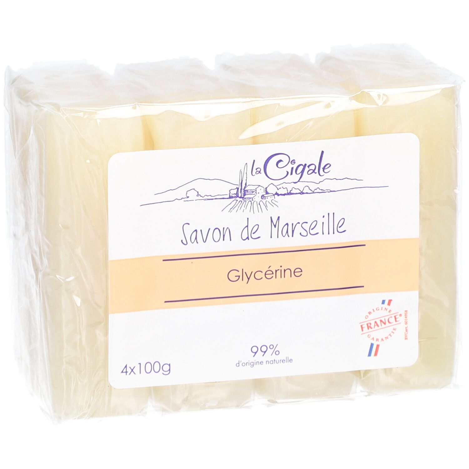 Emballage de quatre blocs de savon. Étiquette "La Cigale", "Savon de Marseille", Glycérine et "99% d'origine naturelle".